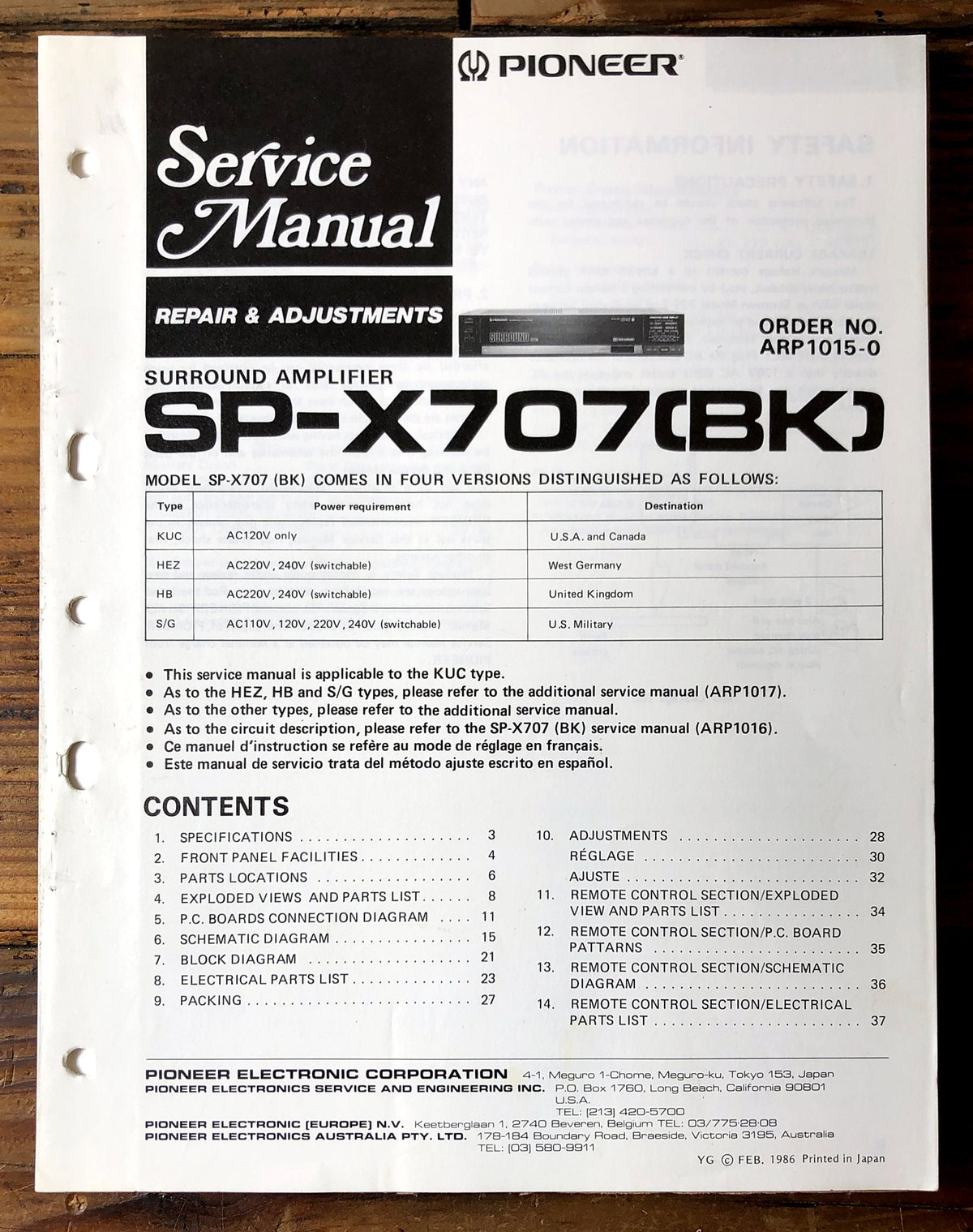 Pioneer SP-X707 ARP1015 Surround Amplifier Service Manual *Original*