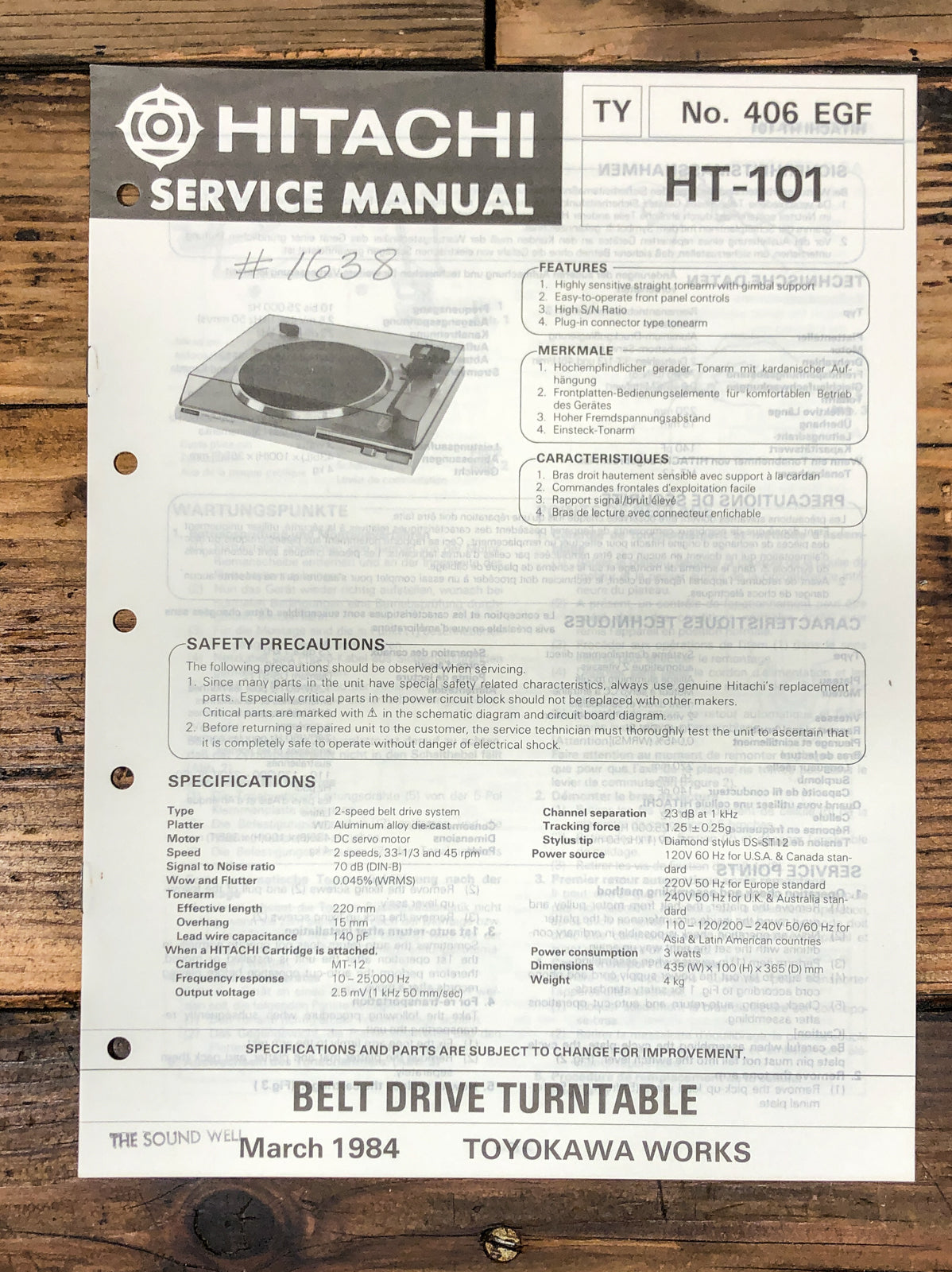Hitachi HT-101 Record Player / Turntable Service Manual *Original*