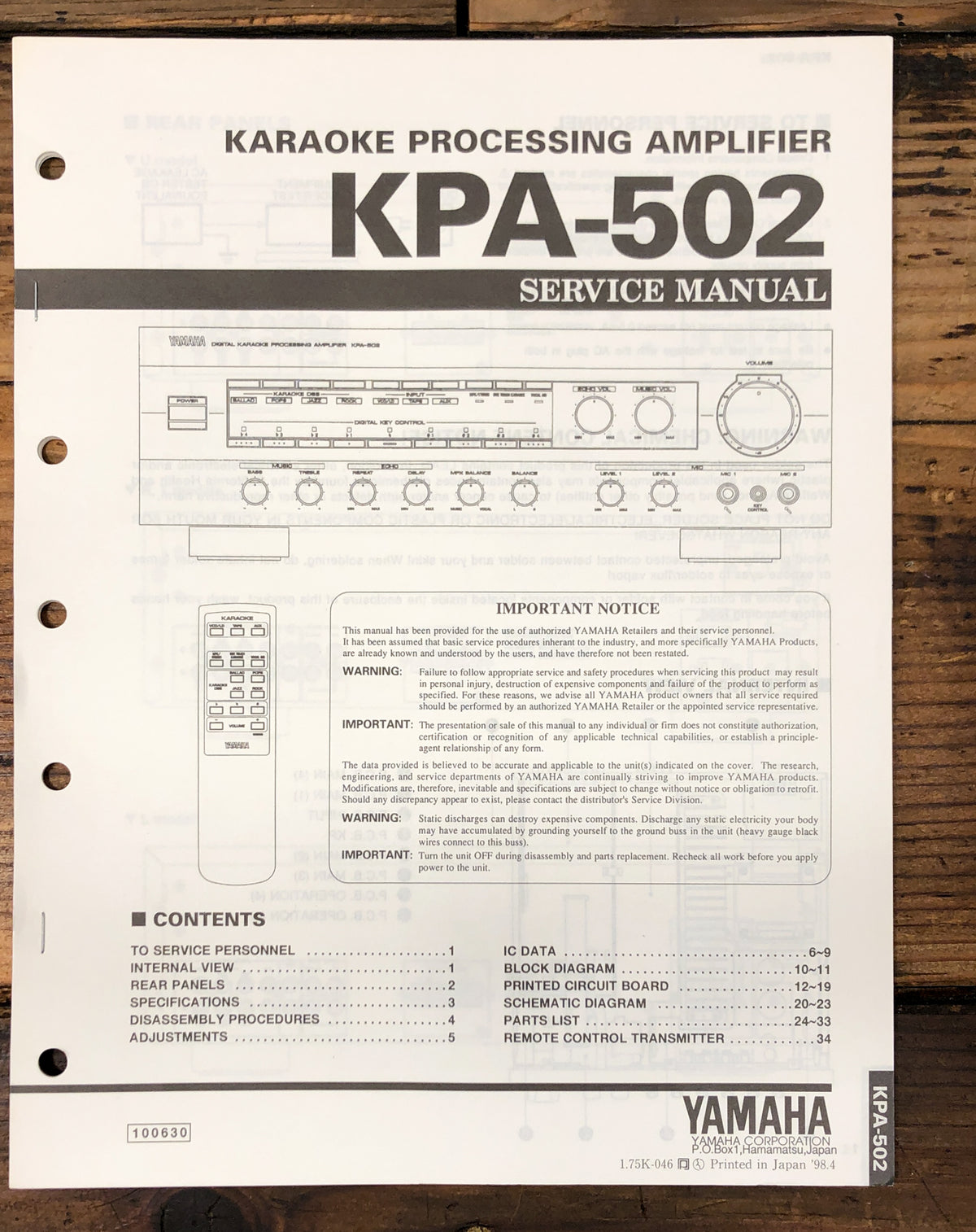 Yamaha KPA-502 Karaoke Amplifier Service Manual *Original*