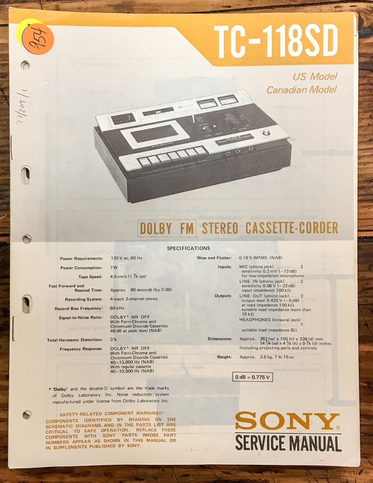 Sony TC-118SD Cassette Service Manual *Original*
