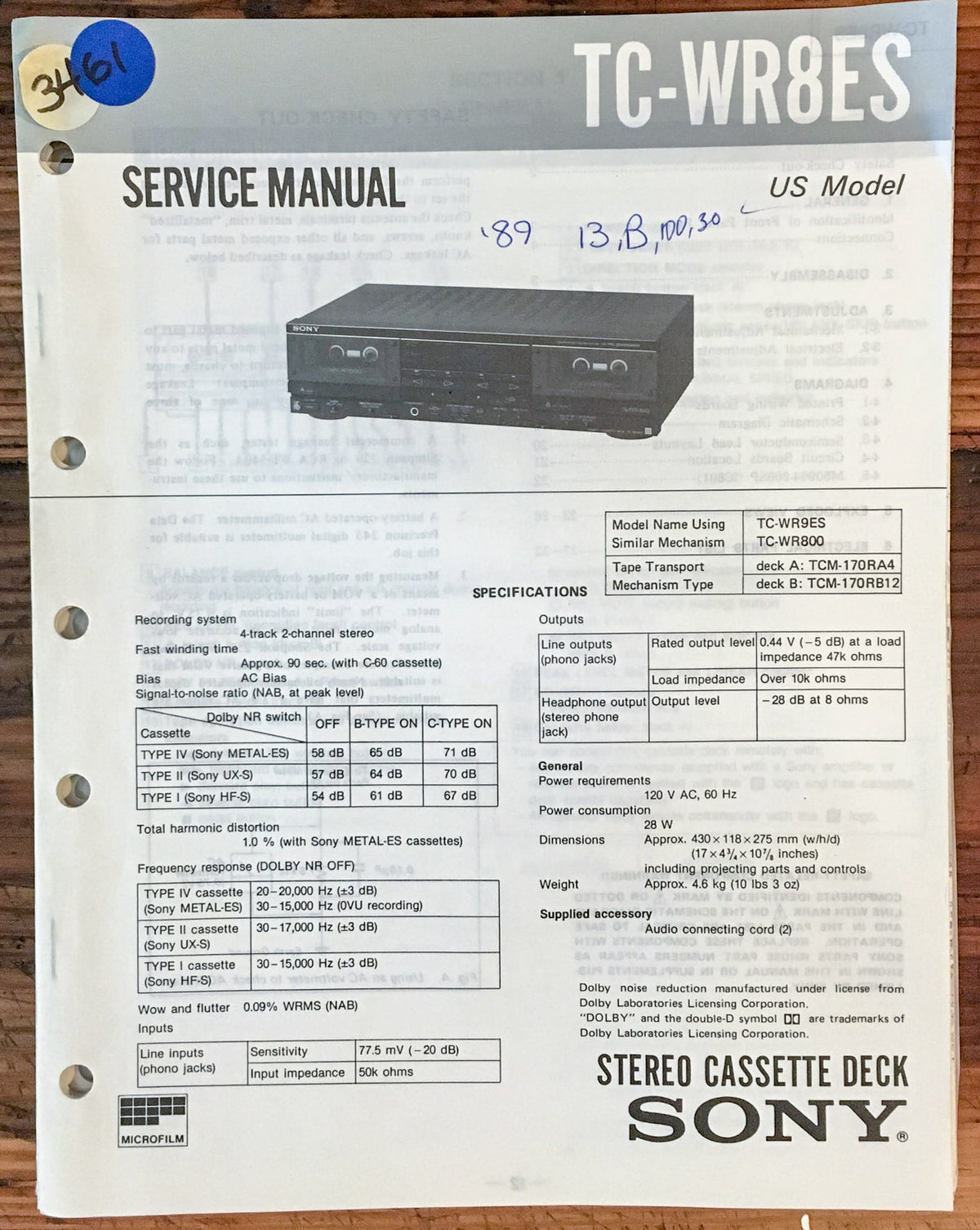 Sony TC-WR8ES Cassette Deck Service Manual *Original*