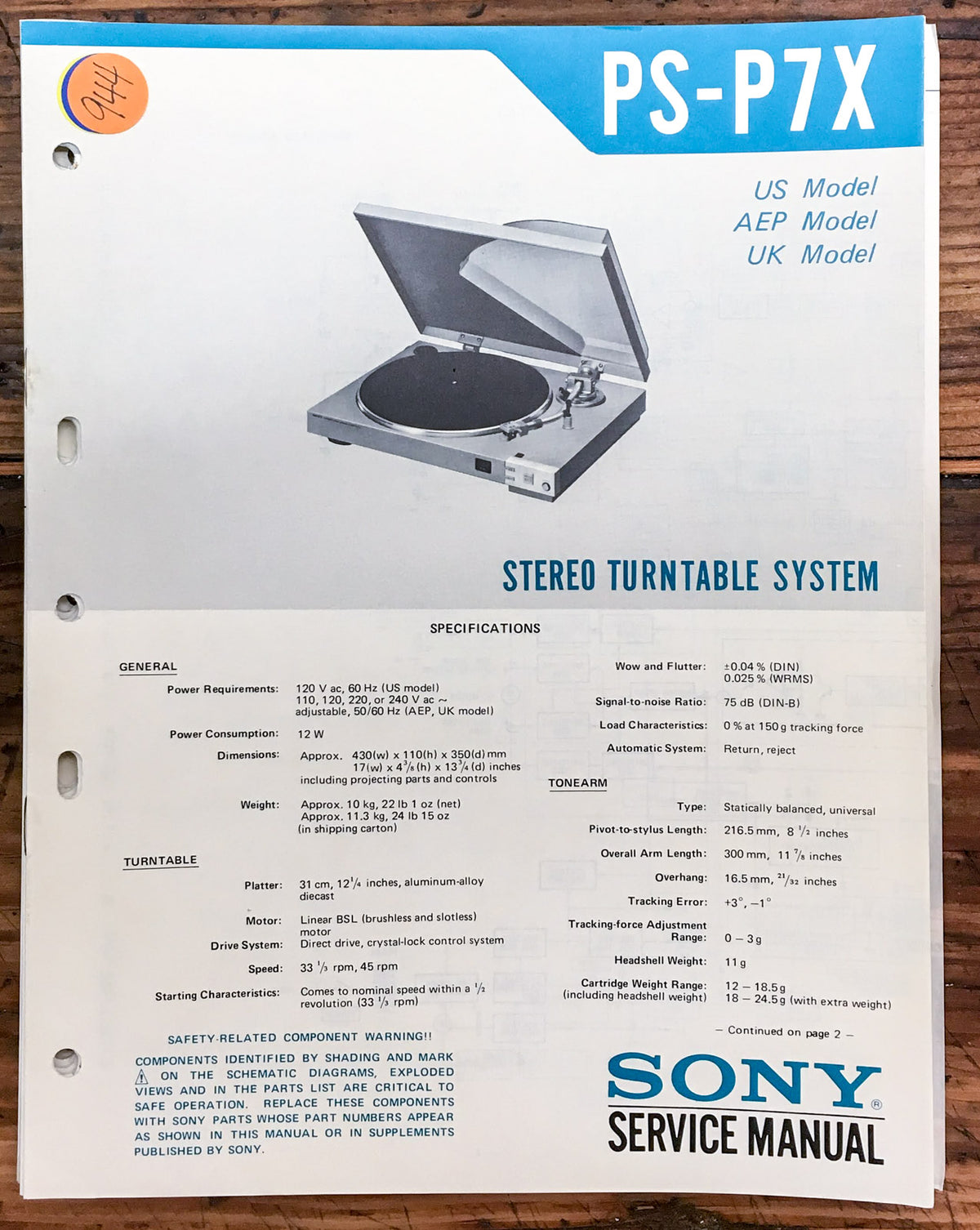 Sony PS-P7X Record Player / Turntable Service Manual *Original*