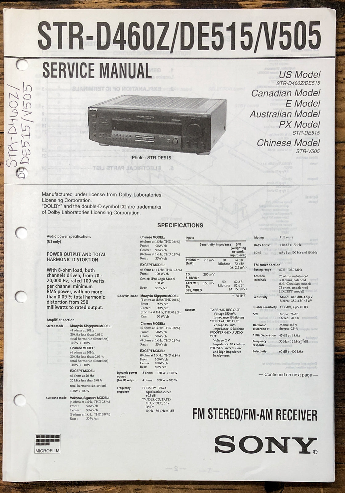 Sony STR-D460Z STR-DE515 STR-V505 Receiver Service Manual *Original*