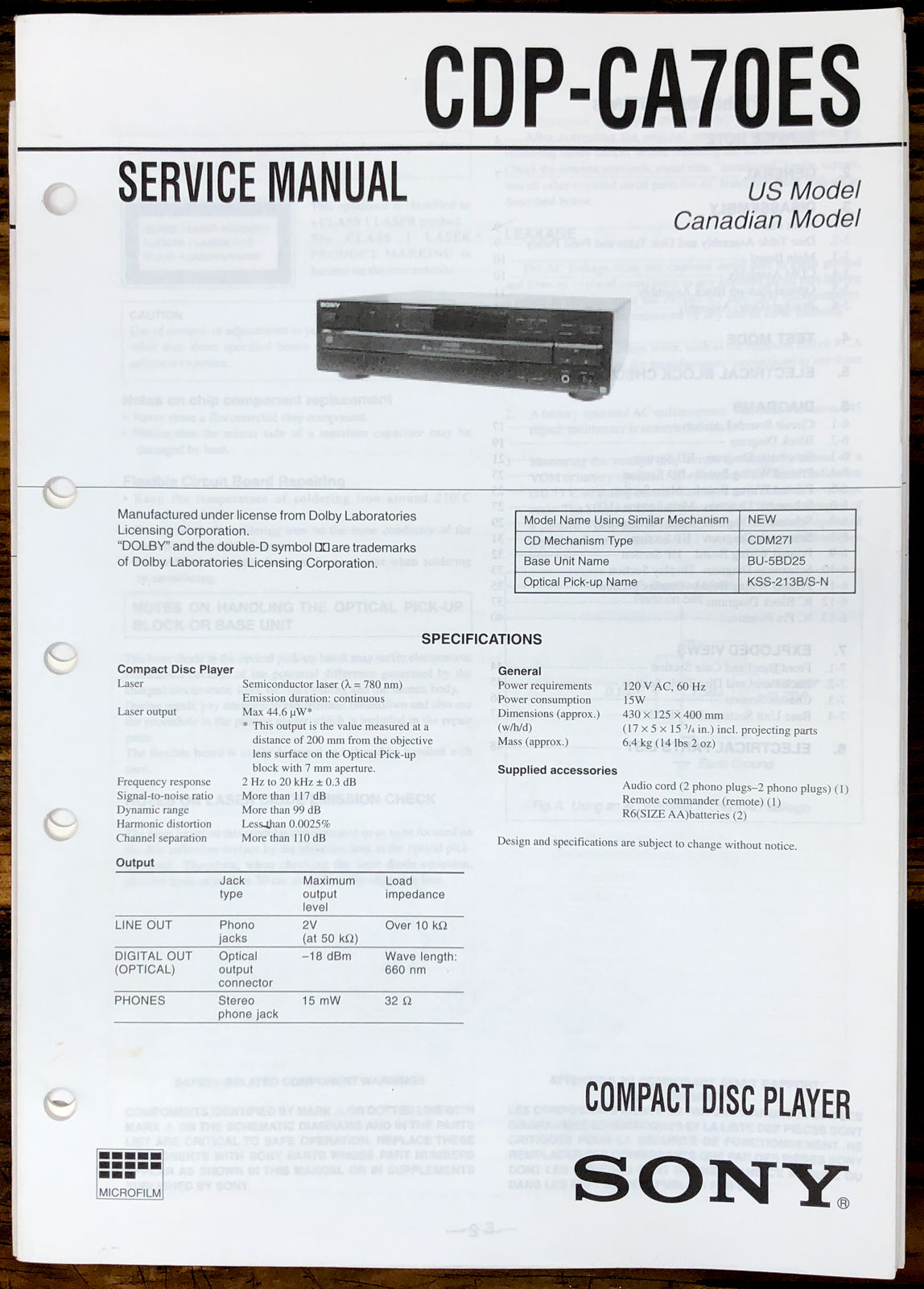 Sony CDP-CA70ES CD Player Service Manual *Original*
