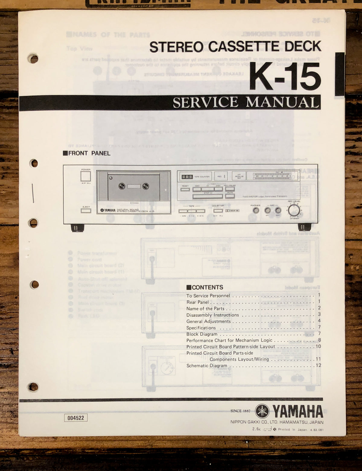 Yamaha K-15 Cassette Service Manual *Original*