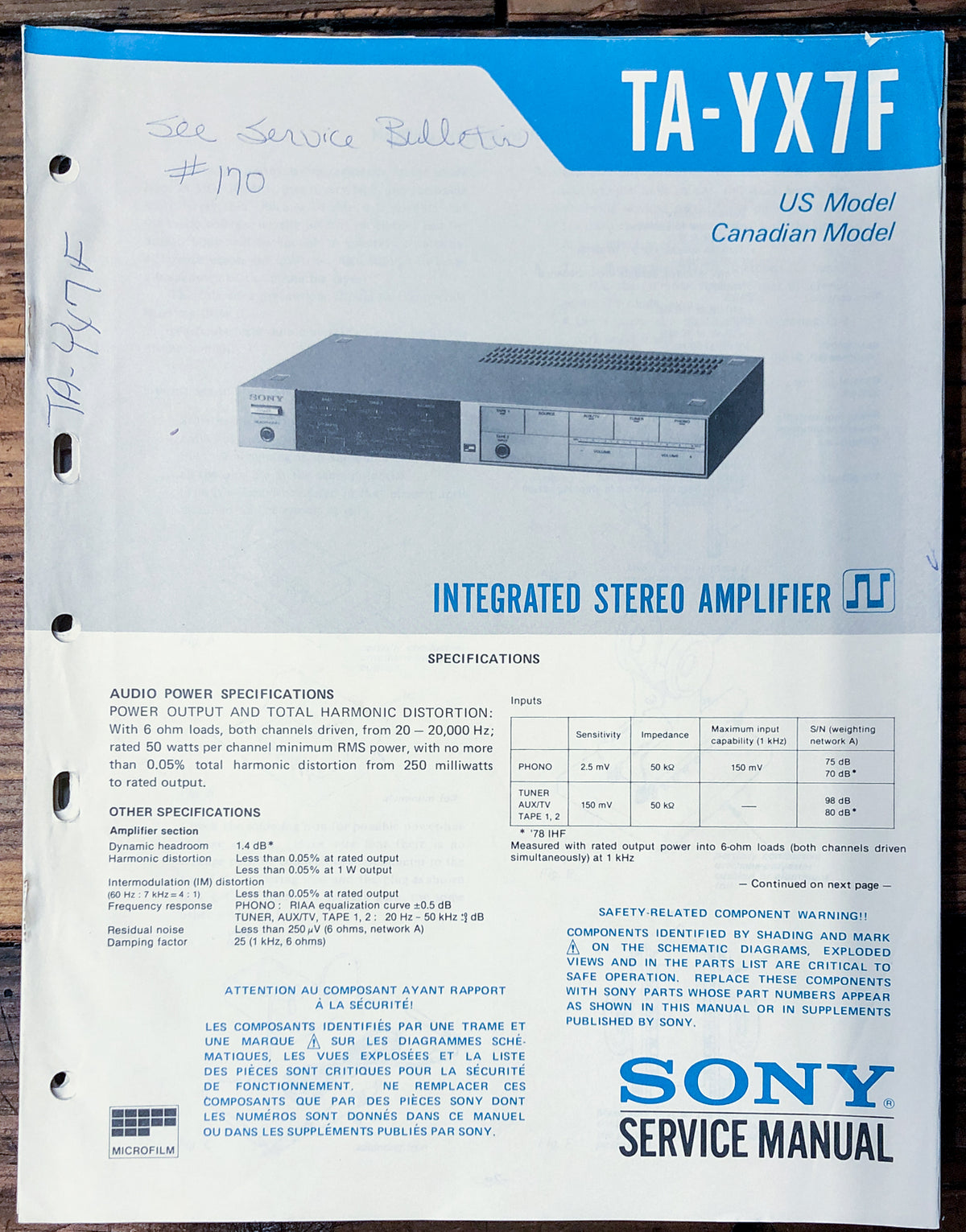 Sony TA-YX7F Amplifier Service Manual *Original*
