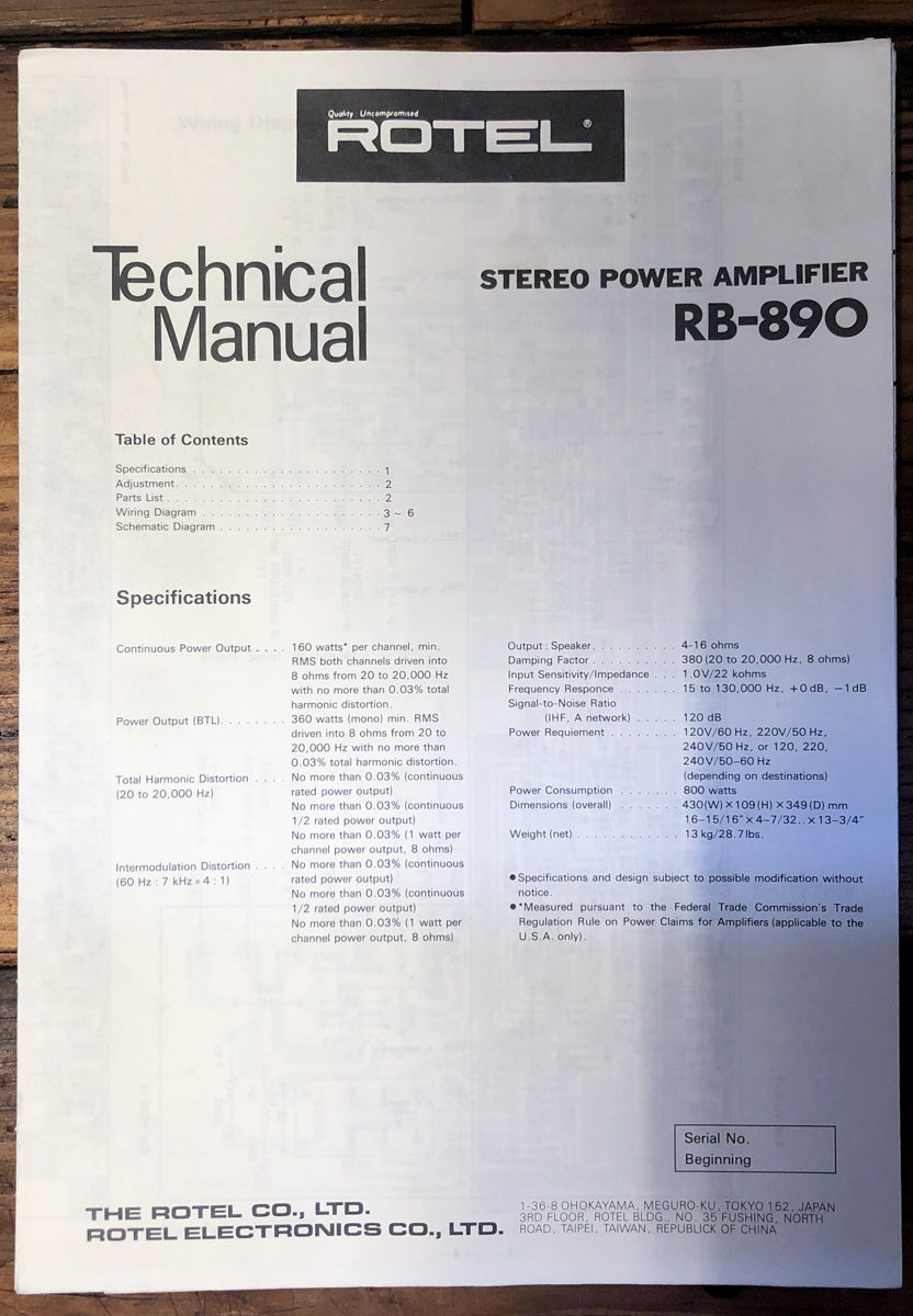 Rotel RB-890 Amplifier Service Manual *Original*