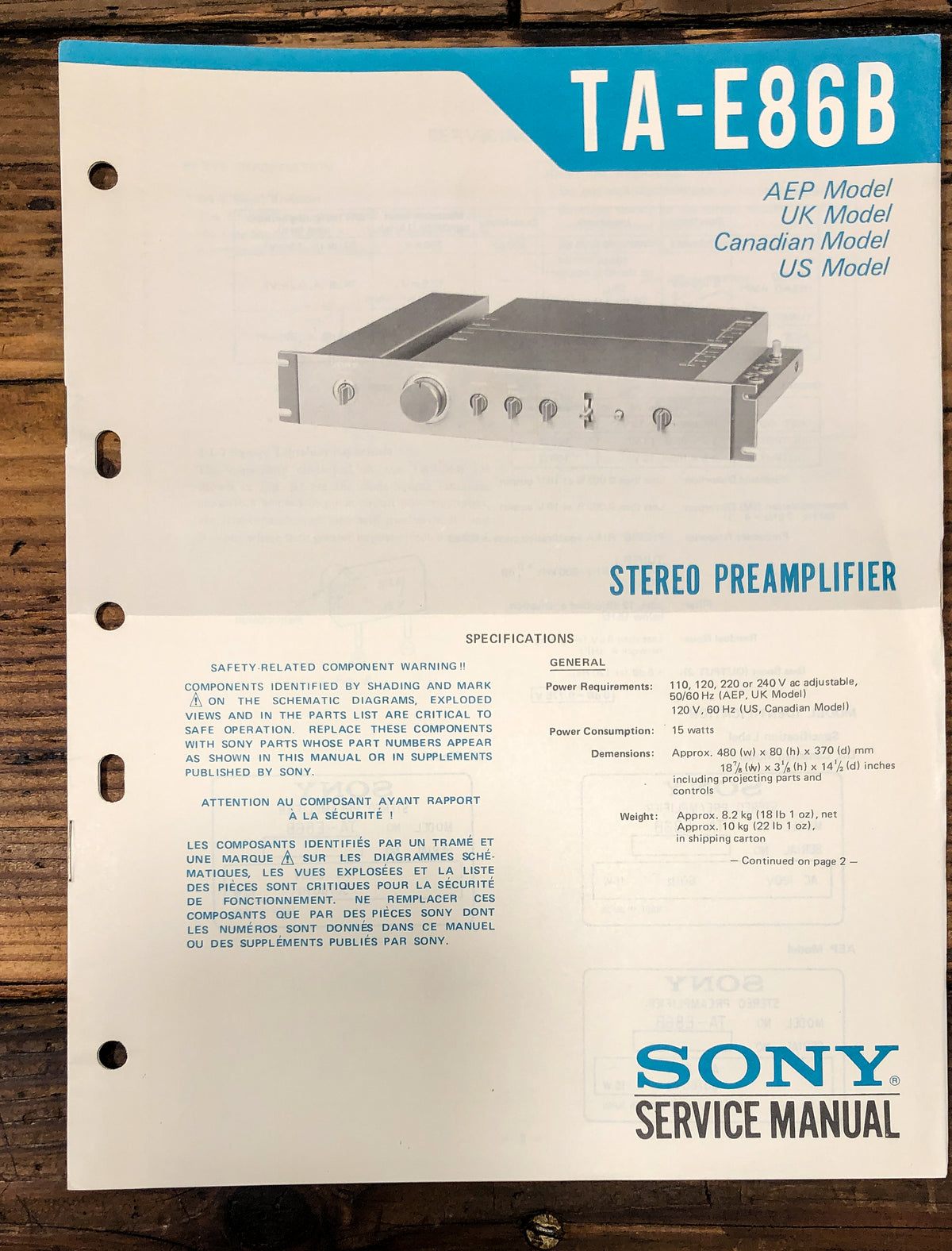 Sony TA-E86B Preamp / Preamplifier Service Manual *Original*
