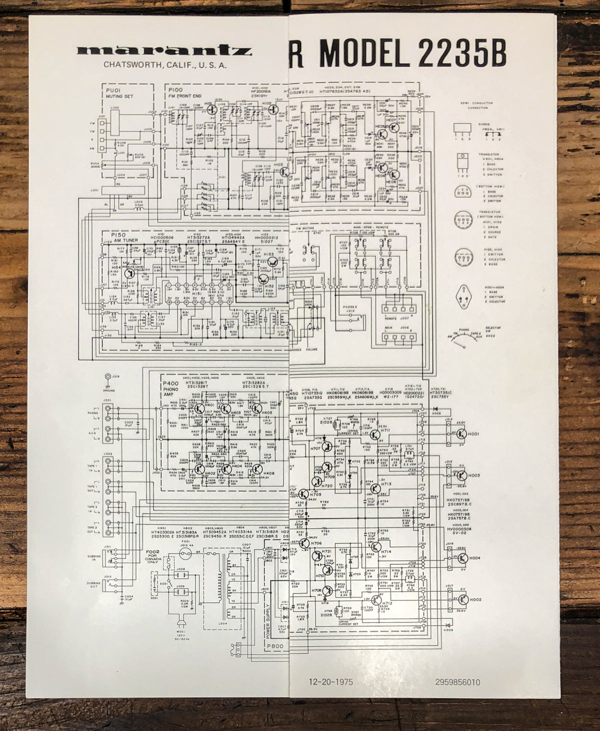Marantz Model 2235B Receiver Large Fold Out Schematic *Original*