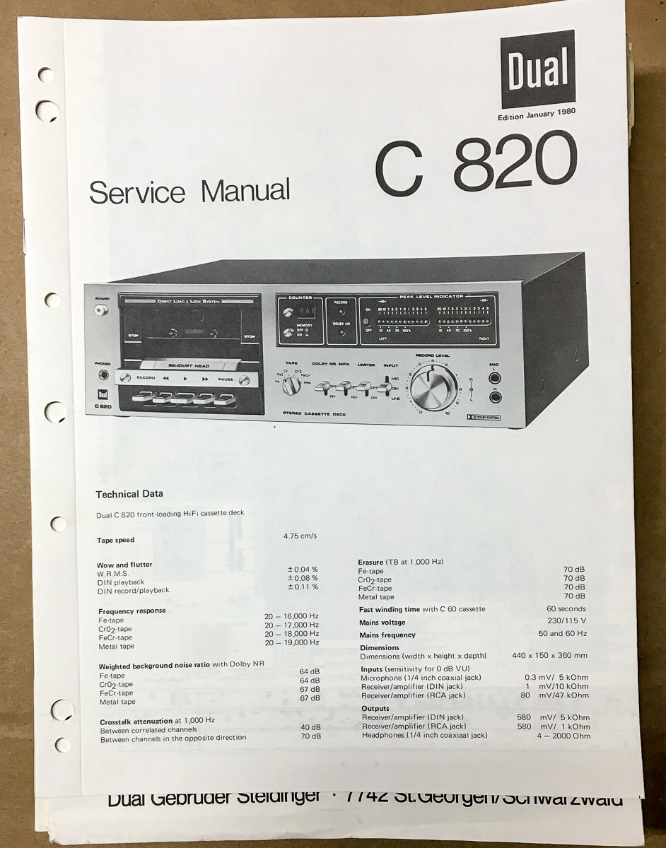 Dual C 820 C820 Cassette Service Manual *Original*