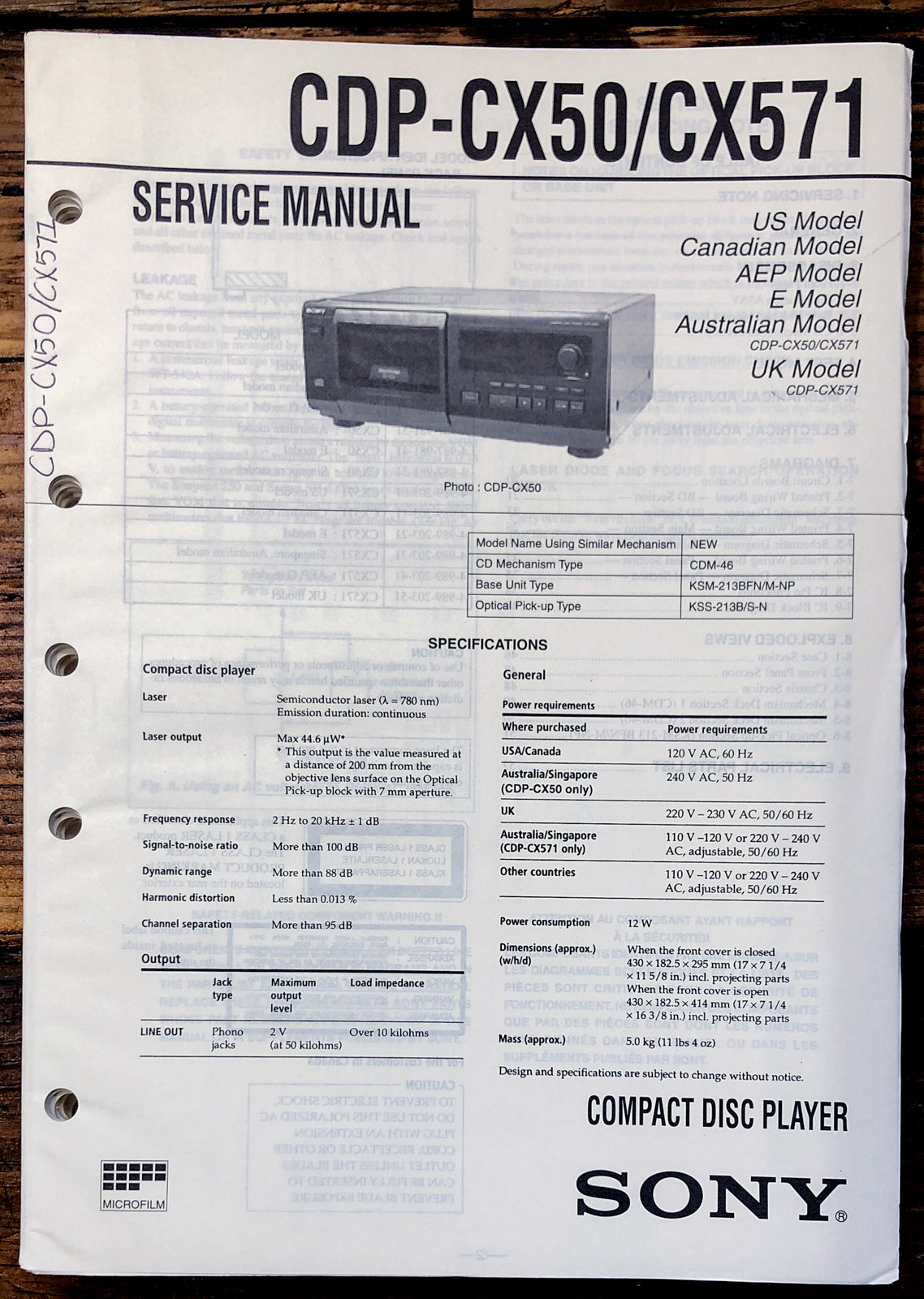 Sony CDP-CX50 CDP-CX571 CD Player Service Manual *Original*
