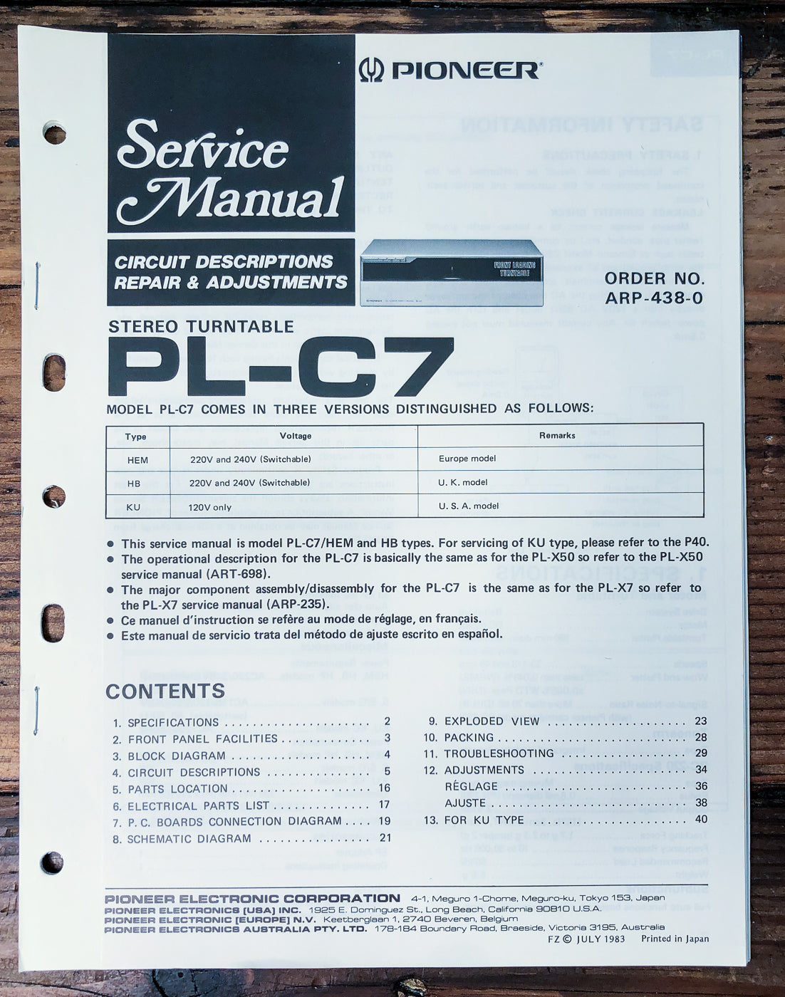 Pioneer PL-C7 Turntable Service Manual *Original*