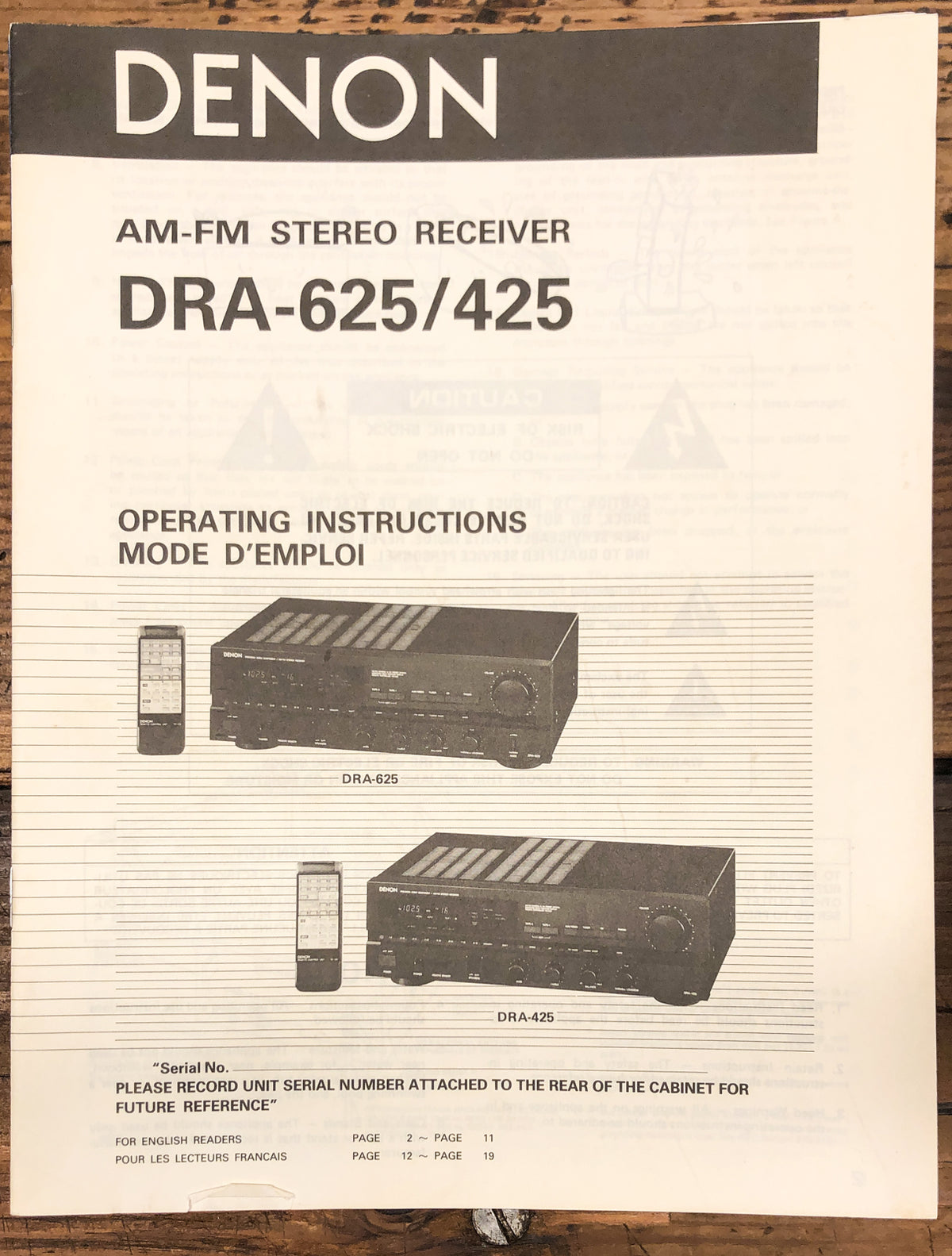Denon DRA-425 DRA-625 Receiver Service Manual *Original*