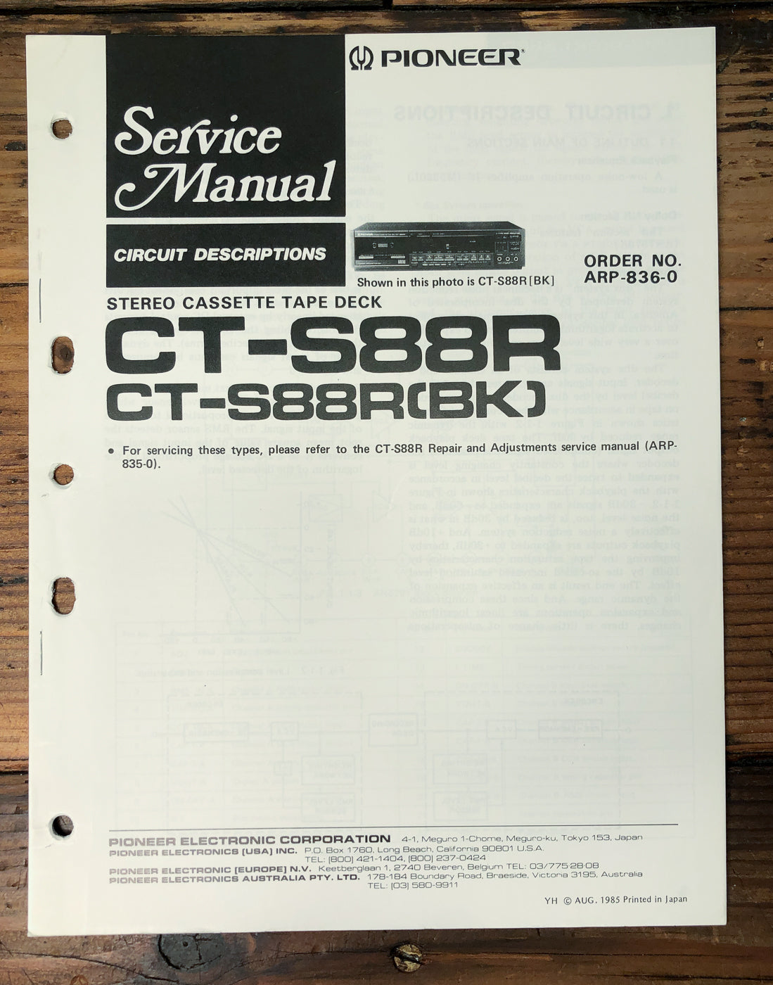 Pioneer CT-S88R Cassette Deck Service Manual *Original*