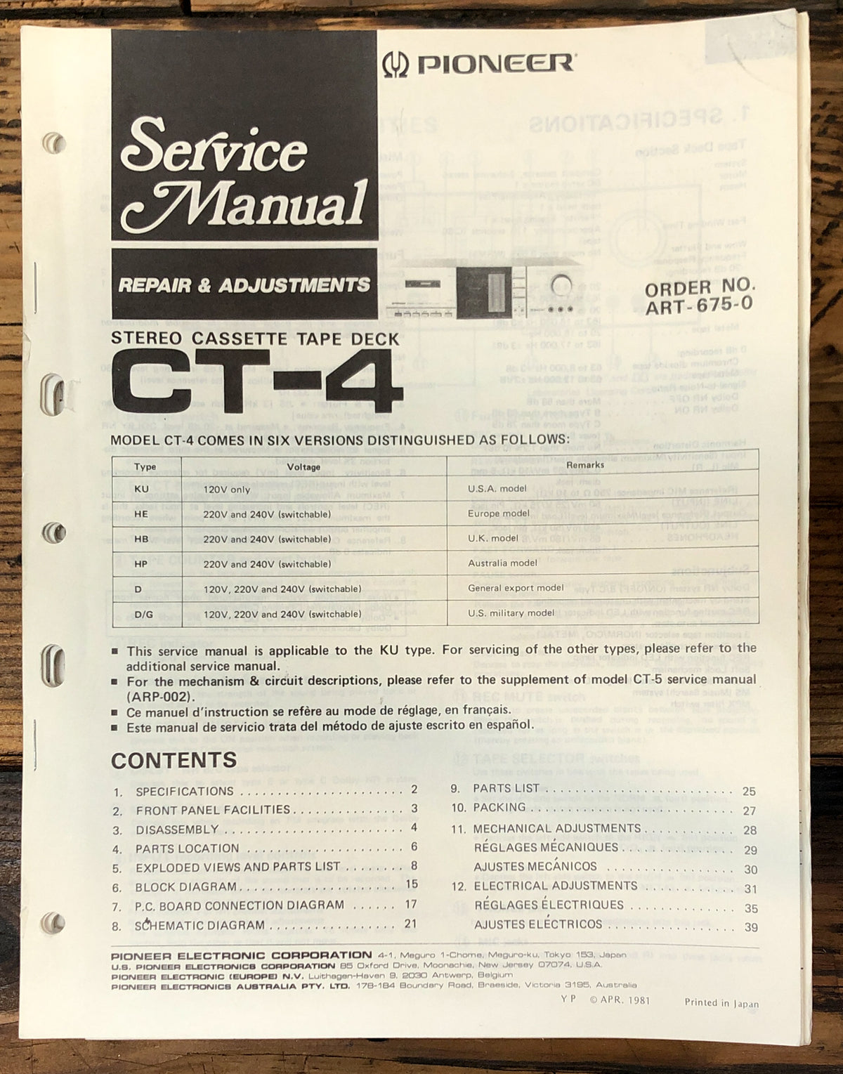 Pioneer CT-4 Cassette Service Manual *Original*
