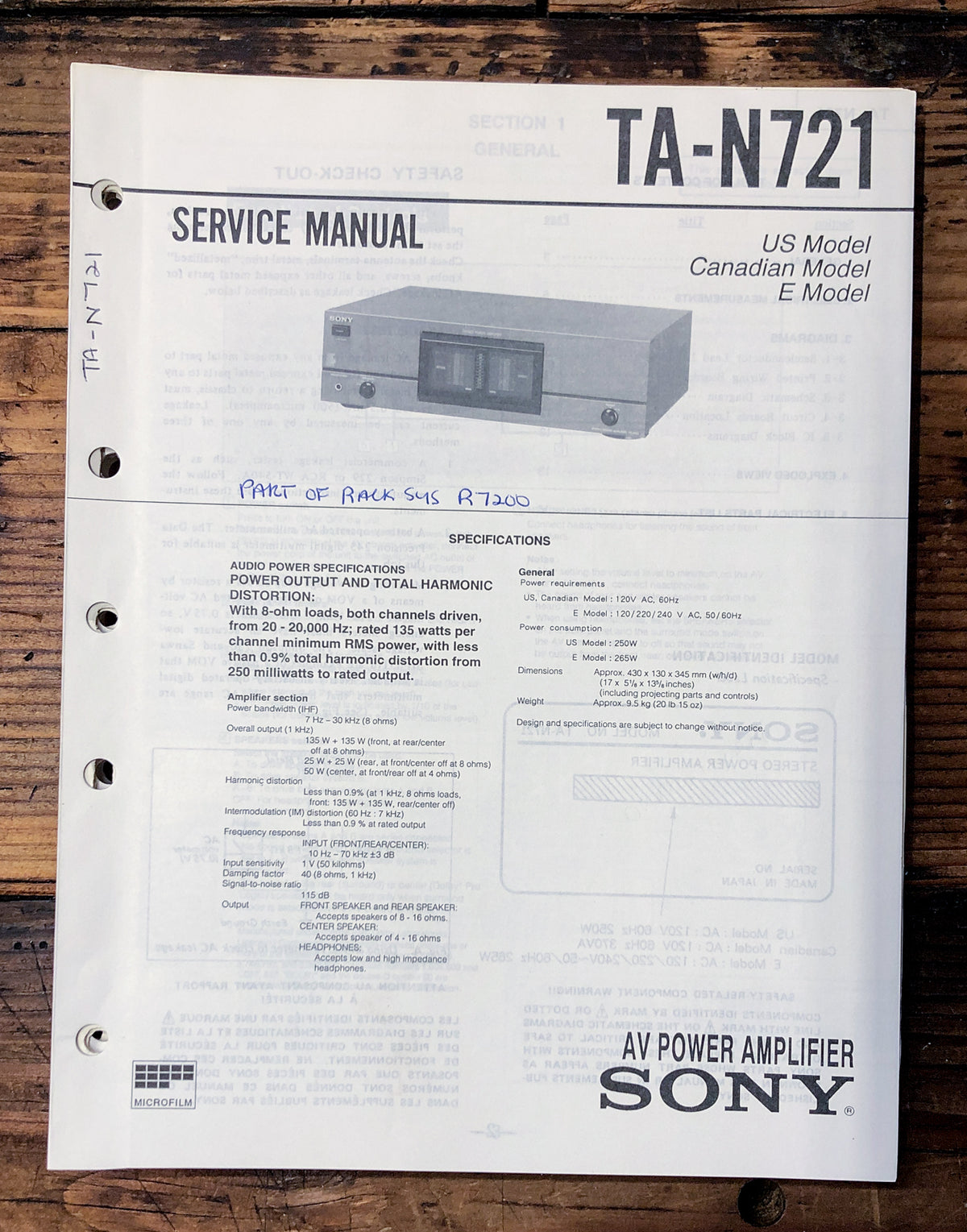 Sony TA-N721 Amplifier Service Manual *Original*