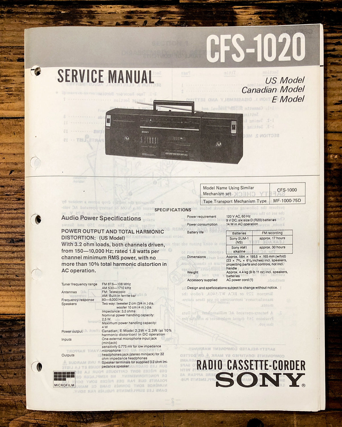 Sony CFS-1020 Radio / Stereo Service Manual *Original*