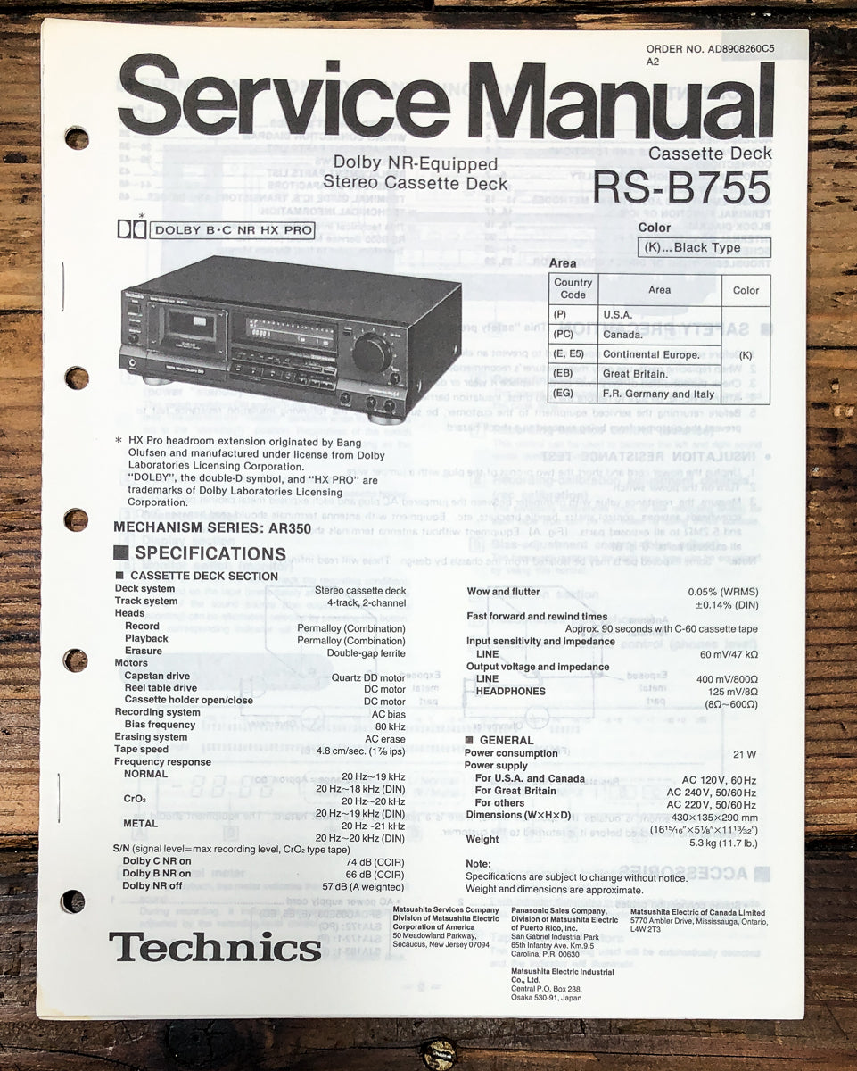 Technics RS-B755 Cassette Service Manual *Original*