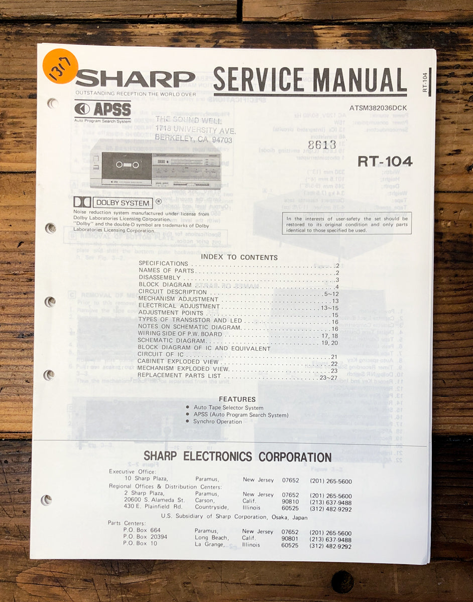 Sharp RT-104 Cassette Service Manual *Original*