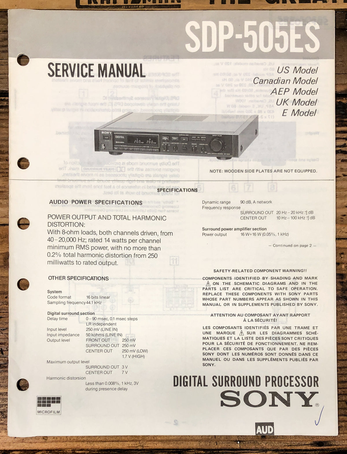 Sony SDP-505ES Surround Processor Service Manual *Original*