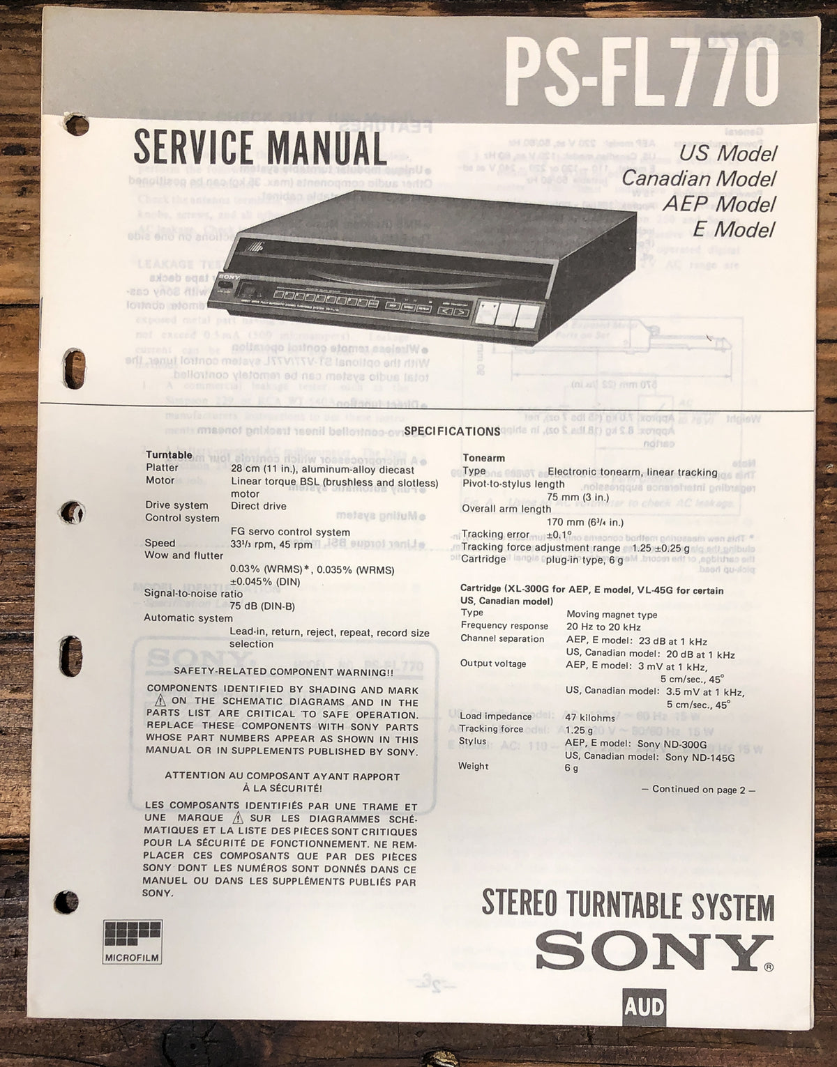 Sony PS-FL770 Record Player / Turntable Service Manual *Original*