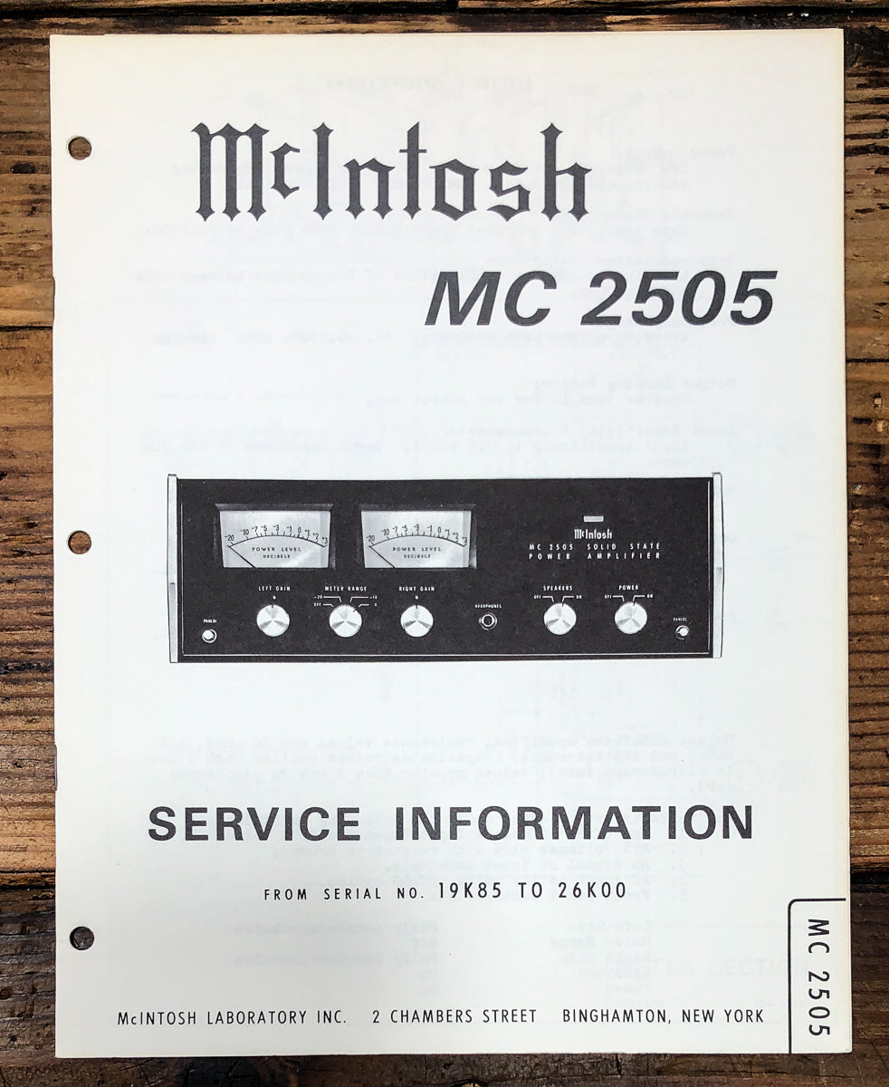 McIntosh MC-2505 MC2505 Amplifier 19K85 to 26K00 Service Manual *Original*