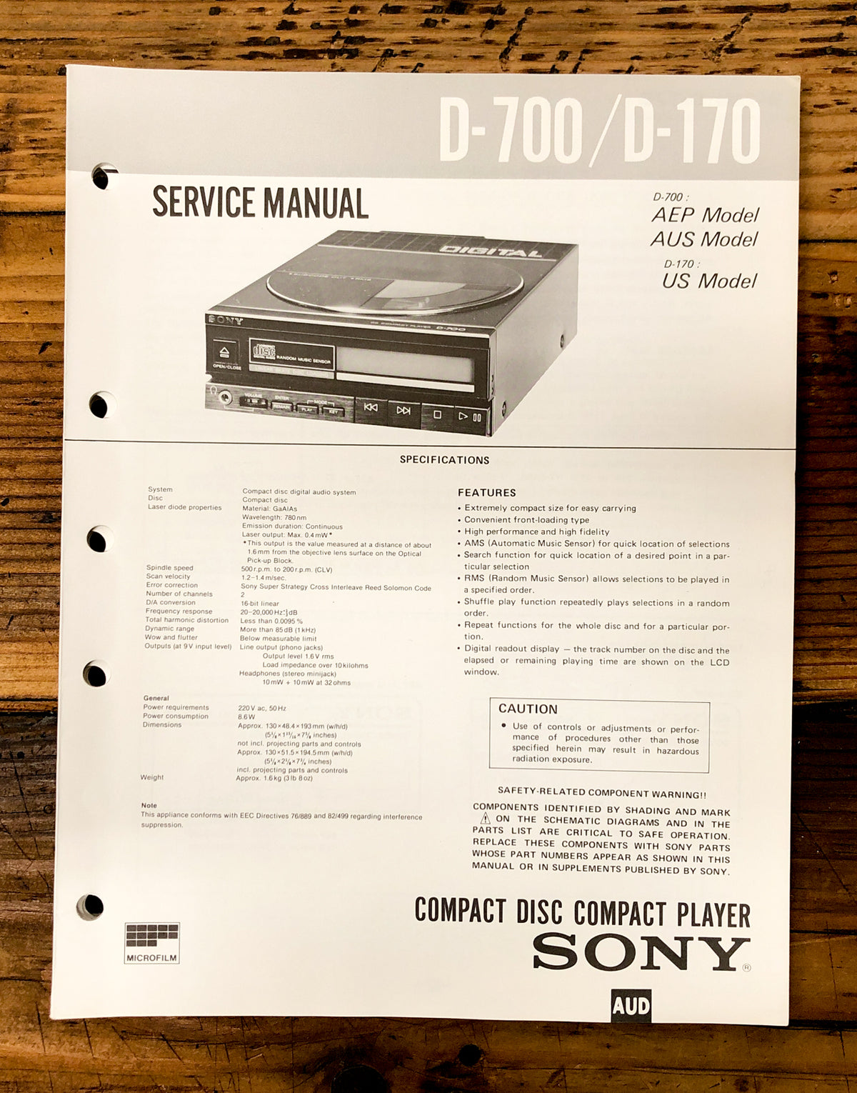 Sony D-700 D-170 CD Player / Discman Service Manual *Original*