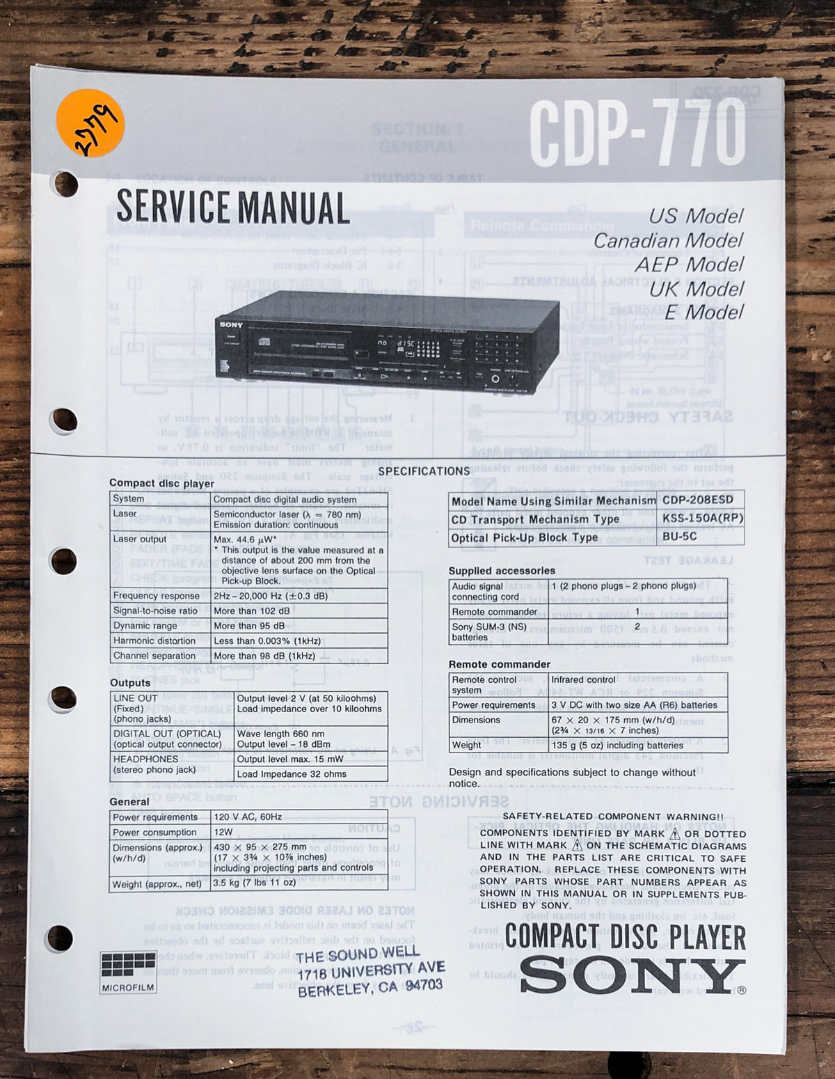 Sony CDP-770 CD Player Service Manual *Original*