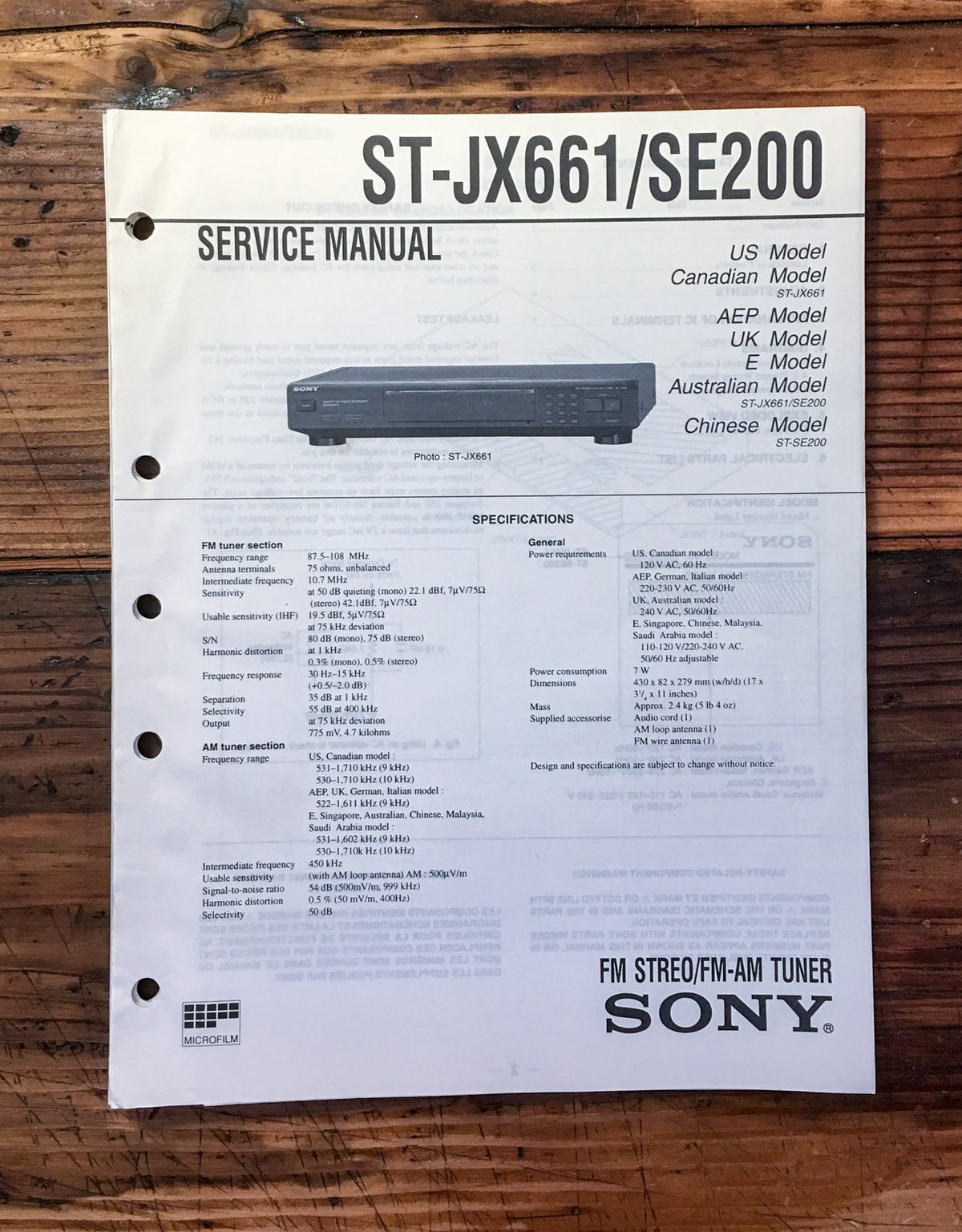 Sony ST-JX661 ST-SE200 Tuner Service Manual *Original*