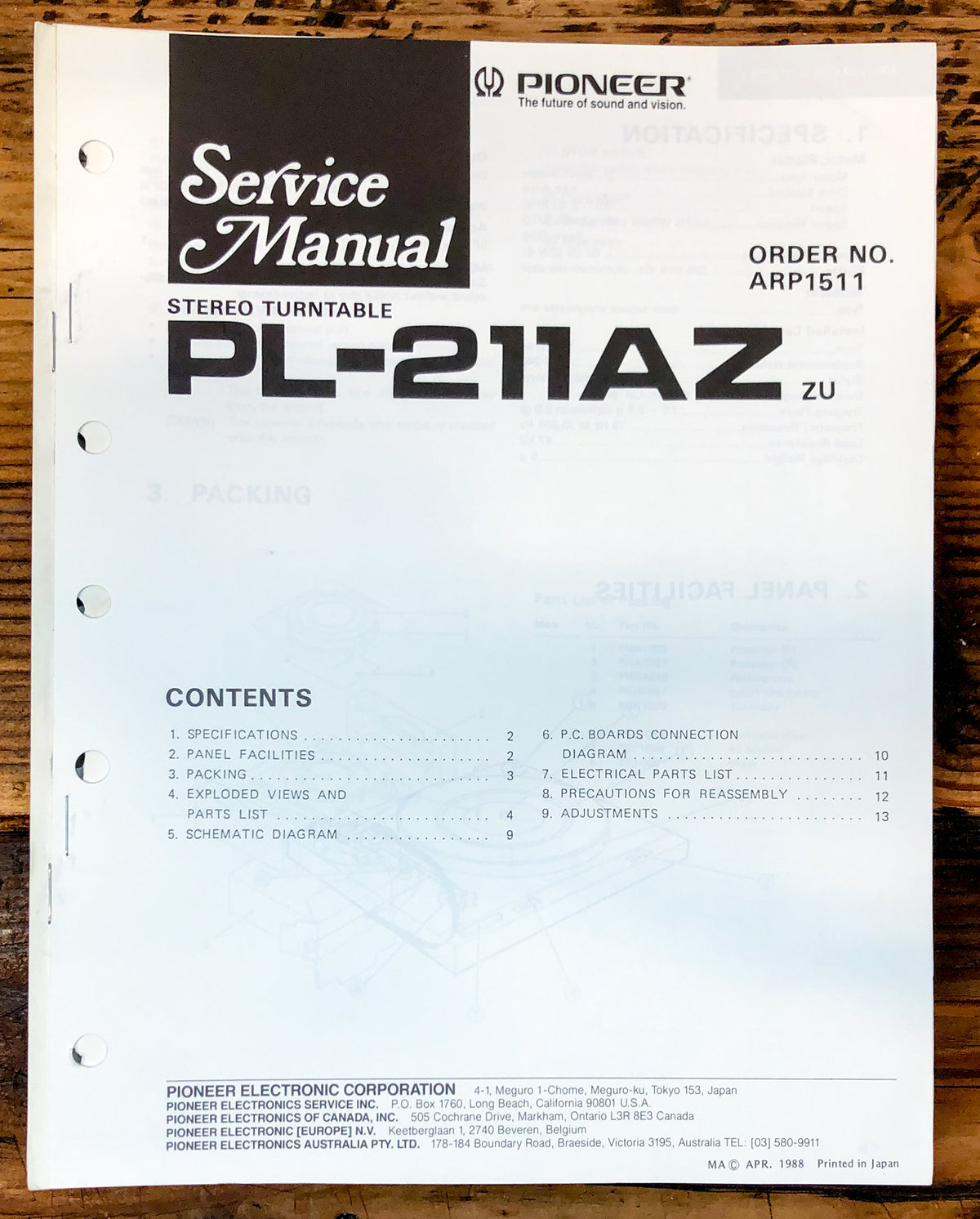 Pioneer PL-211AZ Record Player / Turntable Service Manual *Original*