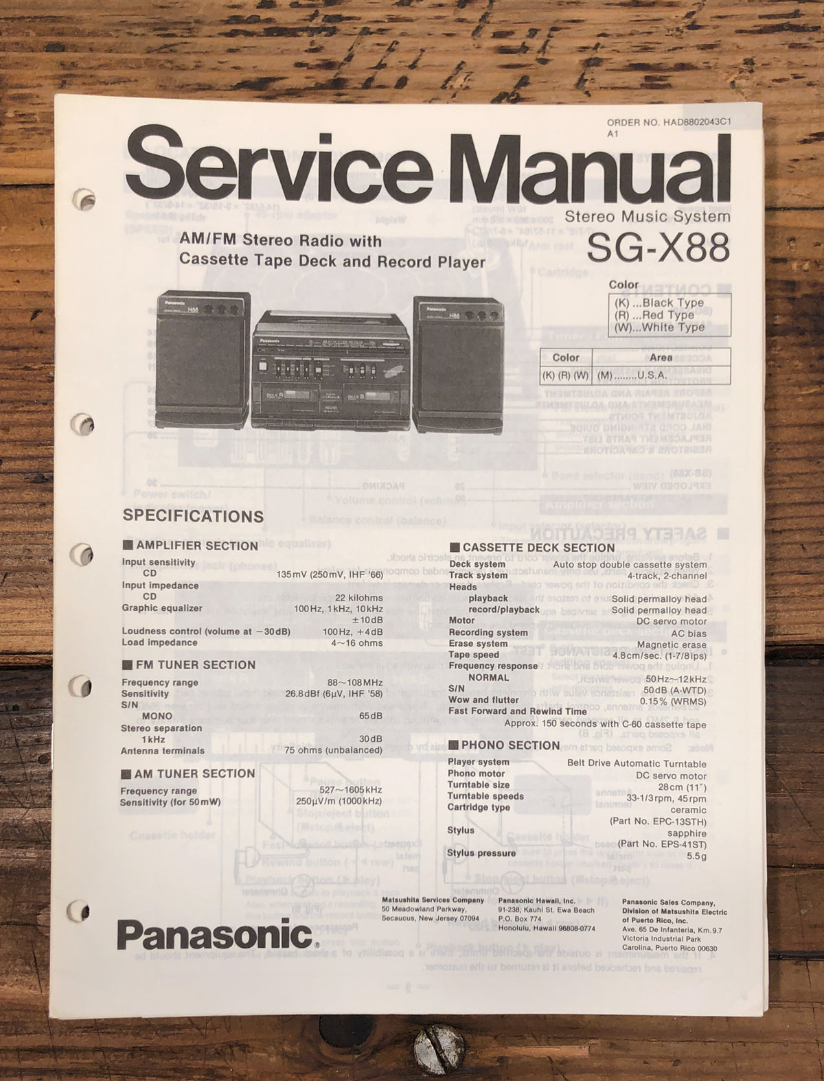 Panasonic SG-X88 Stereo Service Manual *Original*
