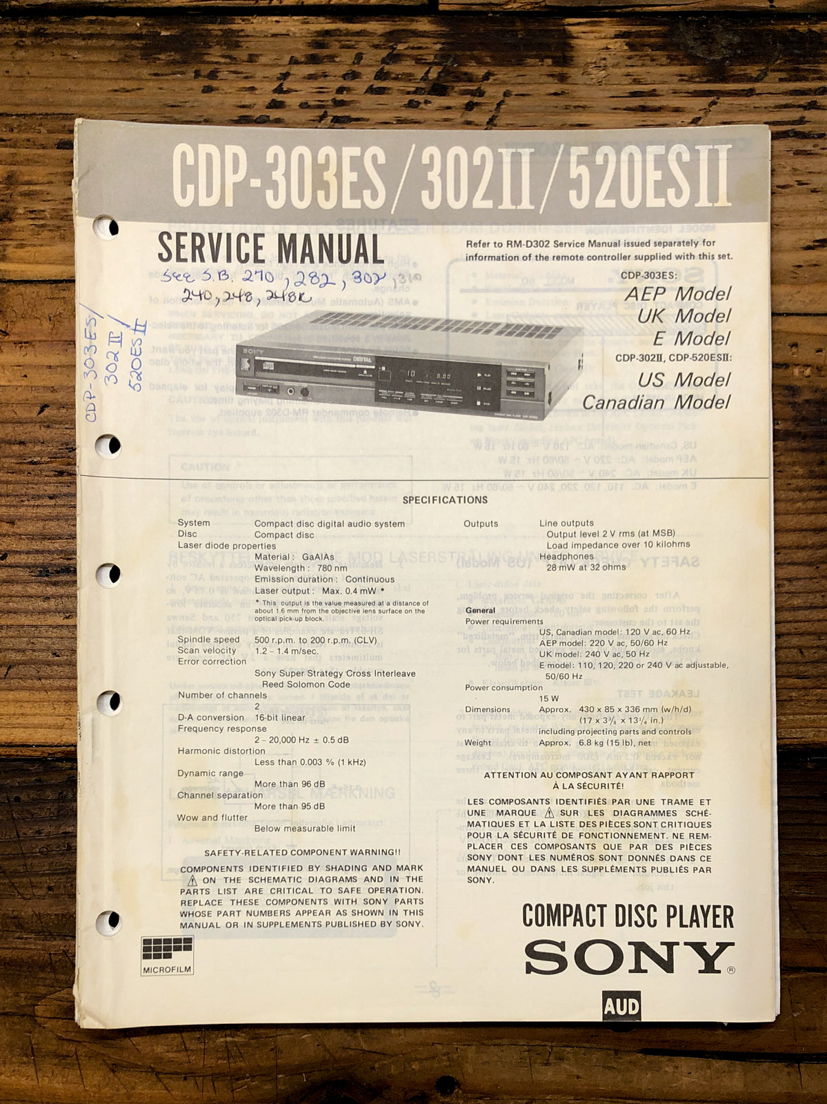 Sony CDP-303ES -302 II -520ES II CD Player Service Manual *Original*