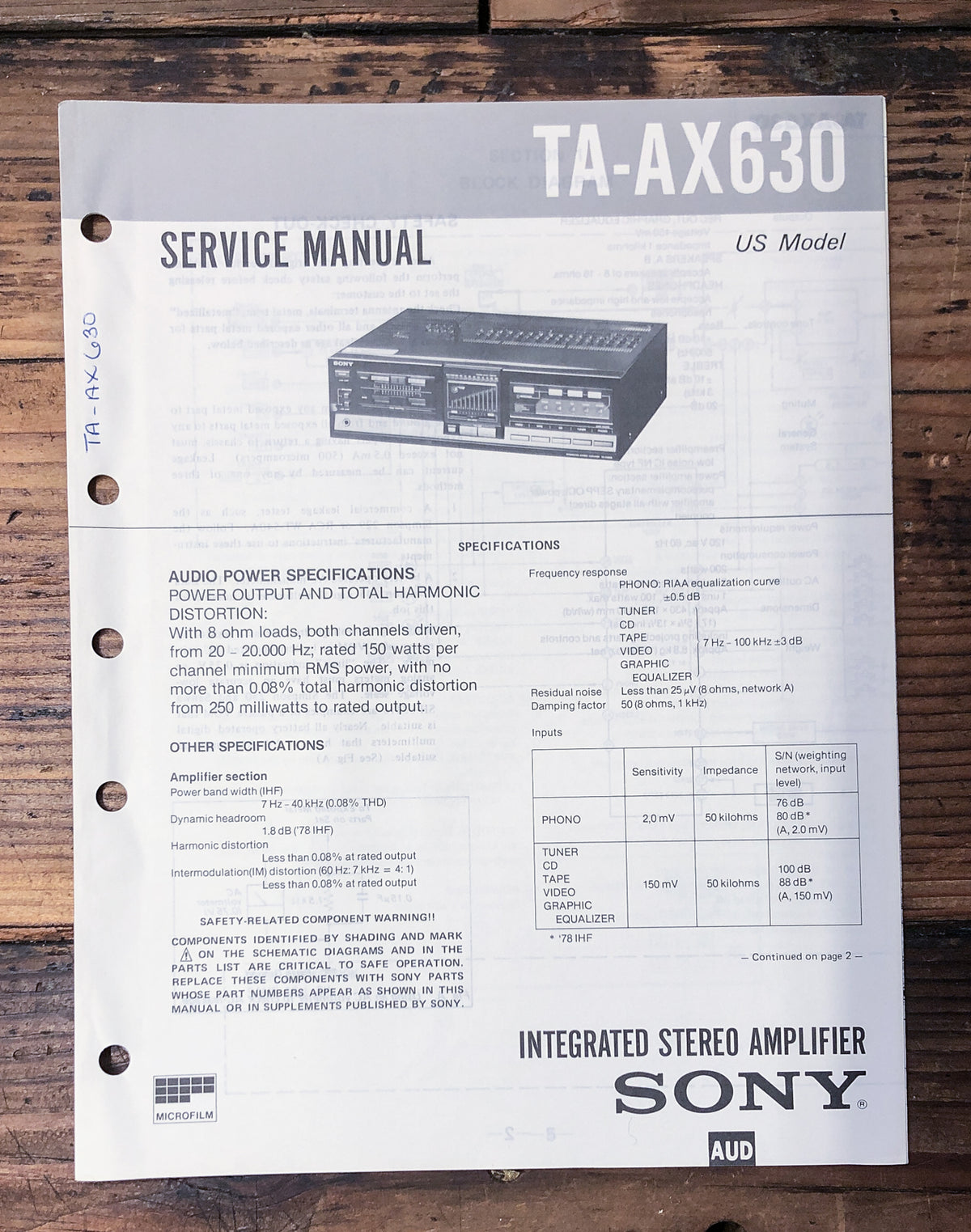 Sony TA-AX630 Amplifier Service Manual *Original*