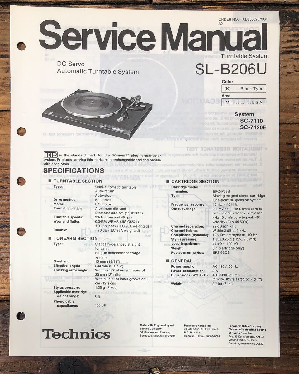 Technics SL-B206U Record Player / Turntable Service Manual *Original*