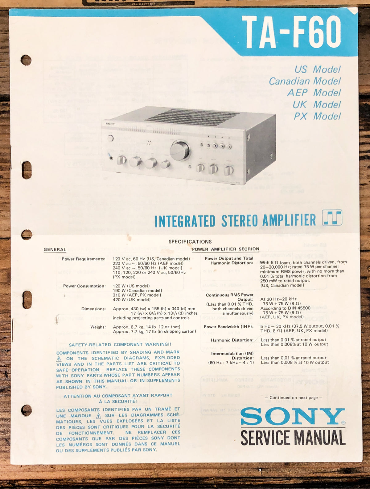 Sony TA-F60 Amplifier Service Manual *Original*