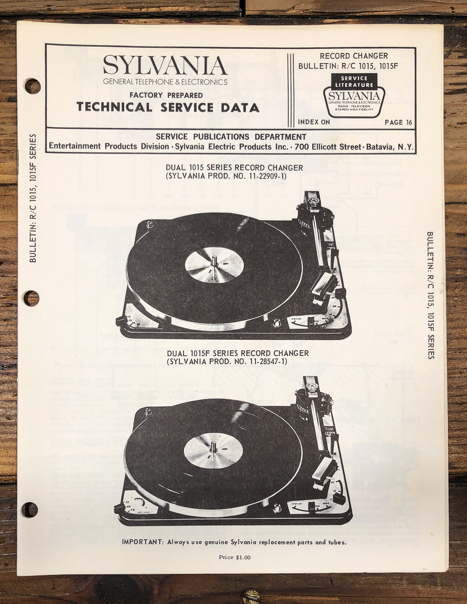 Sylvania / Dual Model 1015 1015F Record Changer Service Manual *Original*