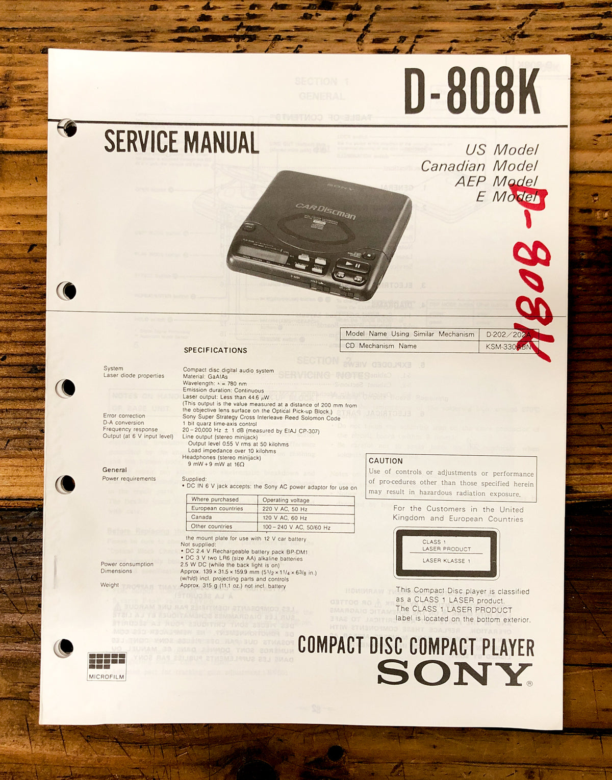 Sony D-808K CD Player / Discman Service Manual *Original*