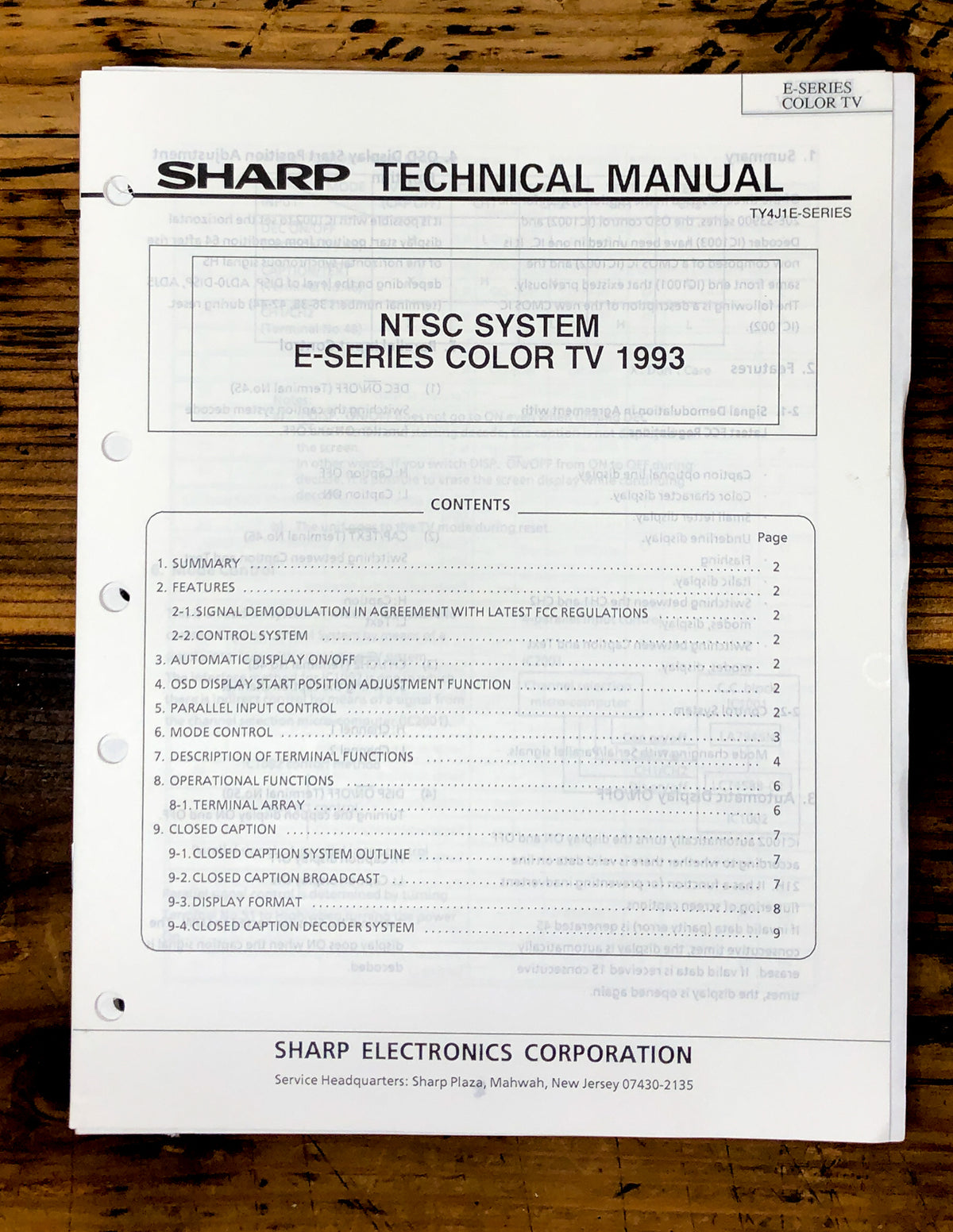 Sharp NTSC SYSTEM E-SERIES 1993 TV / Television Service Manual *Original*