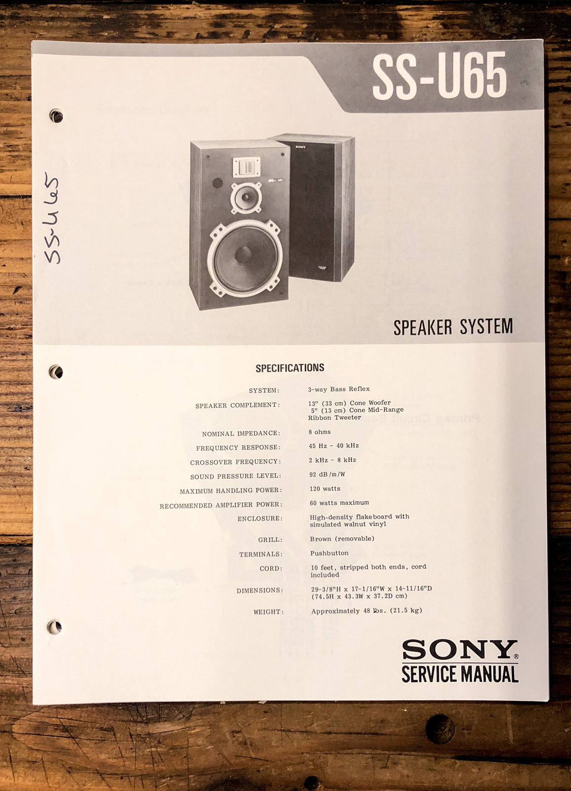Sony SS-U65 Speaker Service Manual *Original*