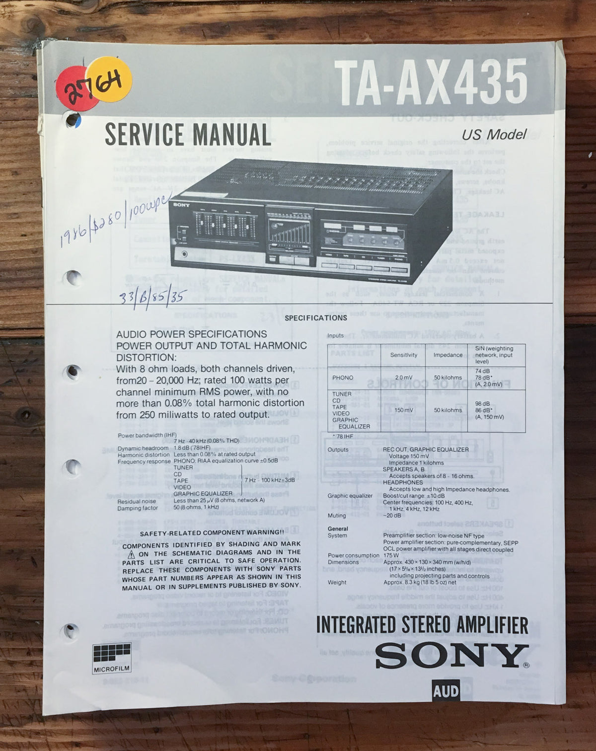 Sony TA-AX435 Amplifier Service Manual *Original*