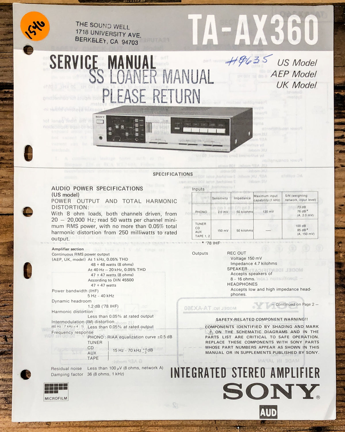 Sony TA-AX360 Amplifier Service Manual *Original*