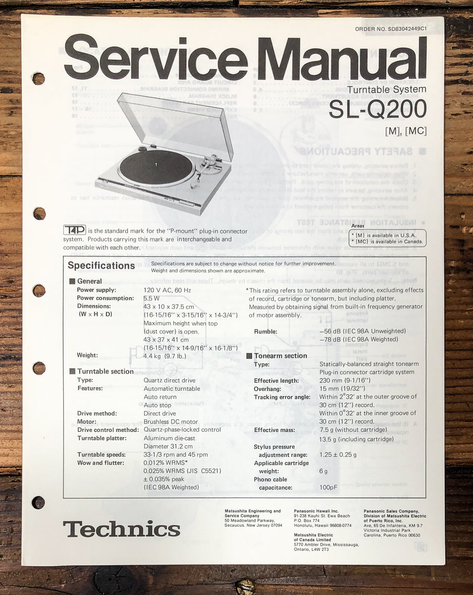 Technics SL-Q200 Record Player / Turntable Service Manual *Original*