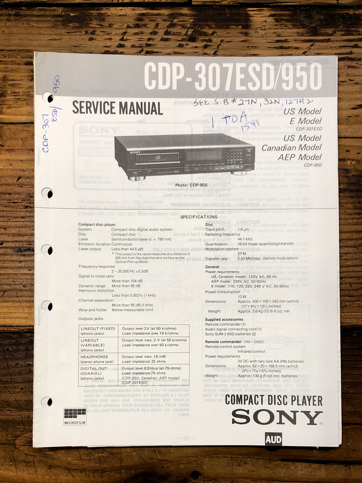 Sony CDP-307ESD CDP-950 CD Player Service Manual *Original*