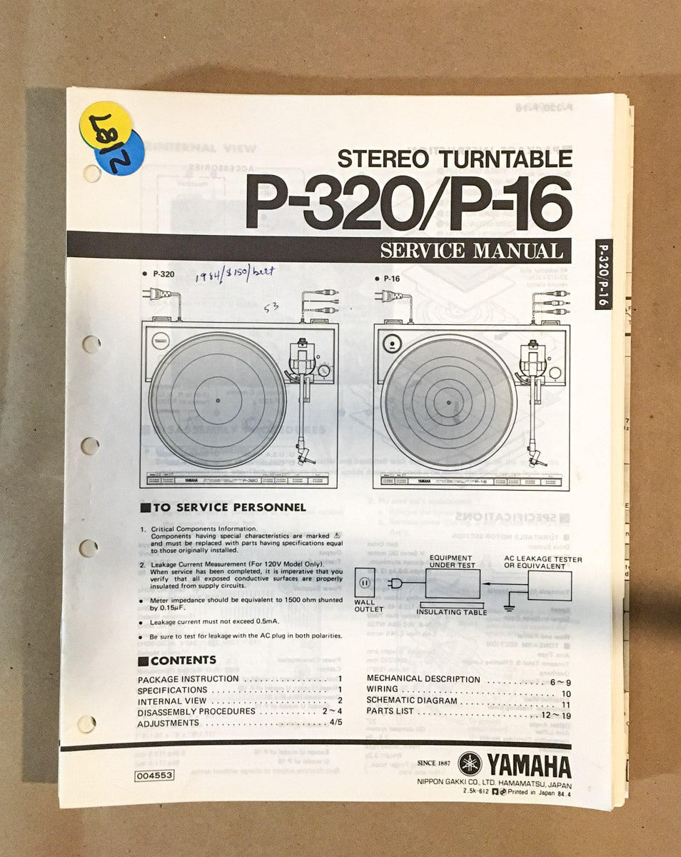Yamaha P-320 P-16 Record Player / Turntable Service Manual *Original*