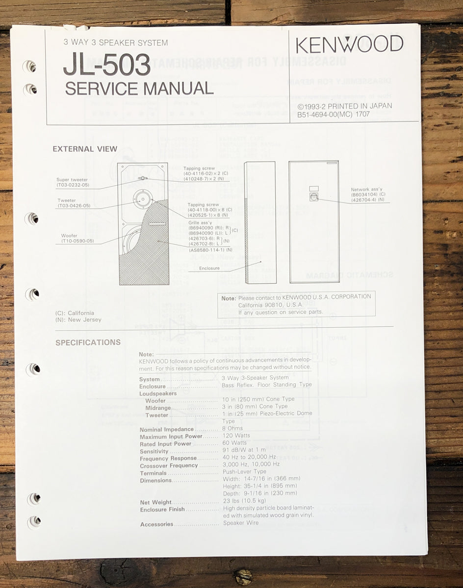 Kenwood JL-503 Speaker Service Manual *Original*