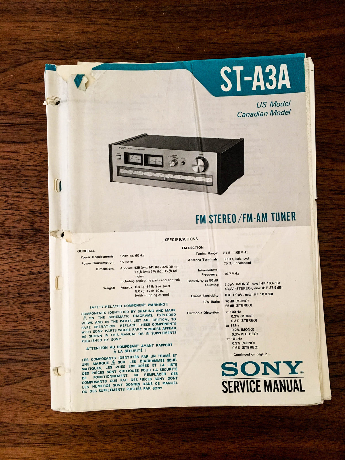 Sony ST-A3A Tuner Service Manual *Original*