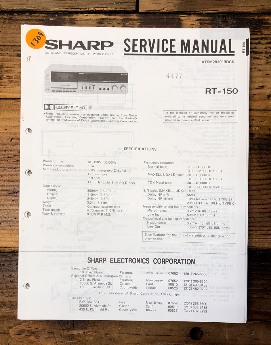 Sharp RT-150 Cassette Service Manual *Original*