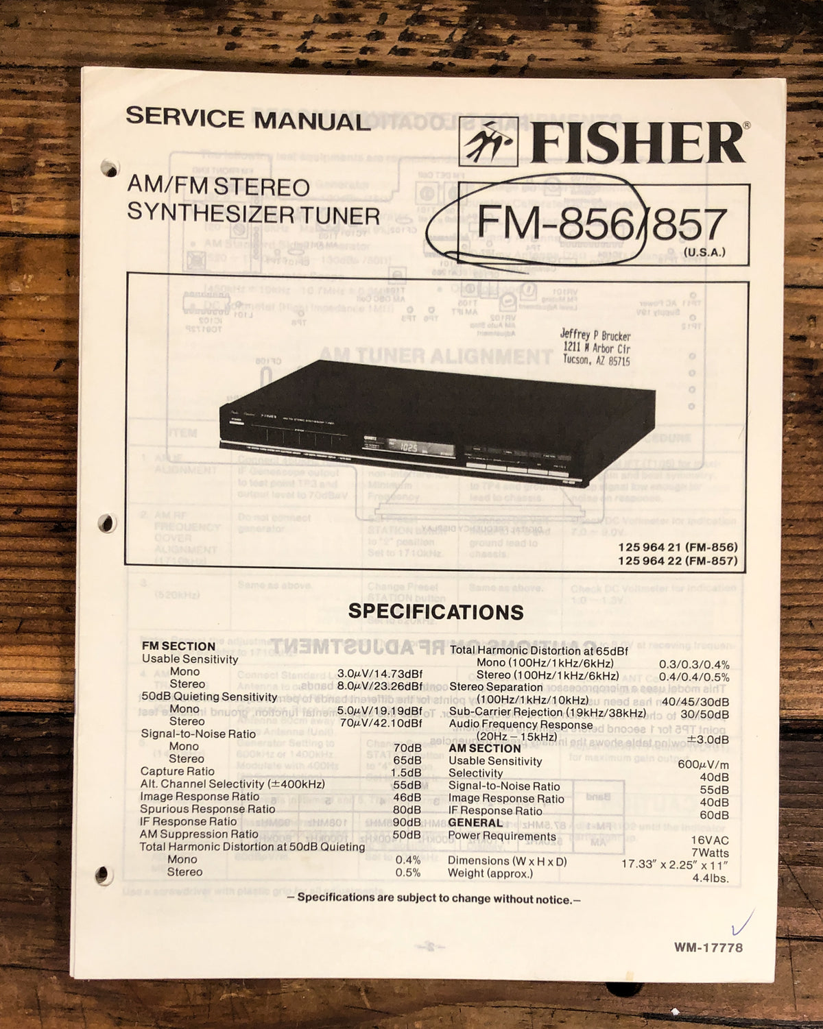 Fisher FM-856 FM-857 Tuner Service Manual *Original*