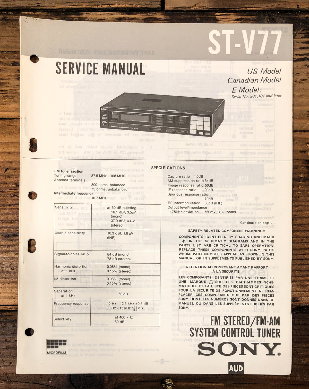 Sony ST-V77 Tuner Service Manual *Original*