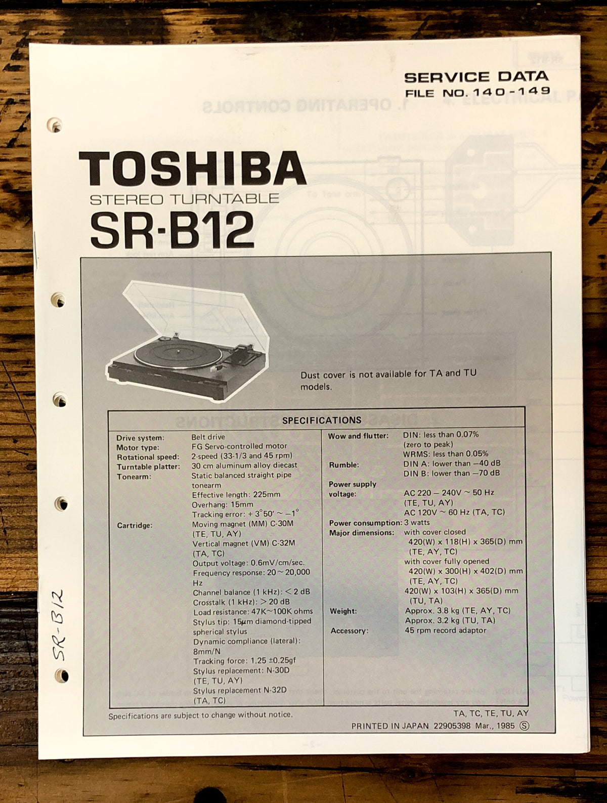 Toshiba SR-B12 Record Player / Turntable Service Manual *Original*
